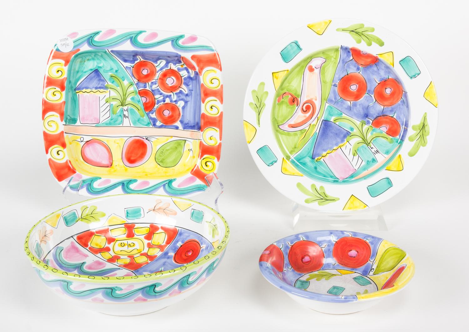 Twelve Pieces of Elizabeth Barrett Roache Hand Painted Dinnerware Length of longest 10 1/2 inches.