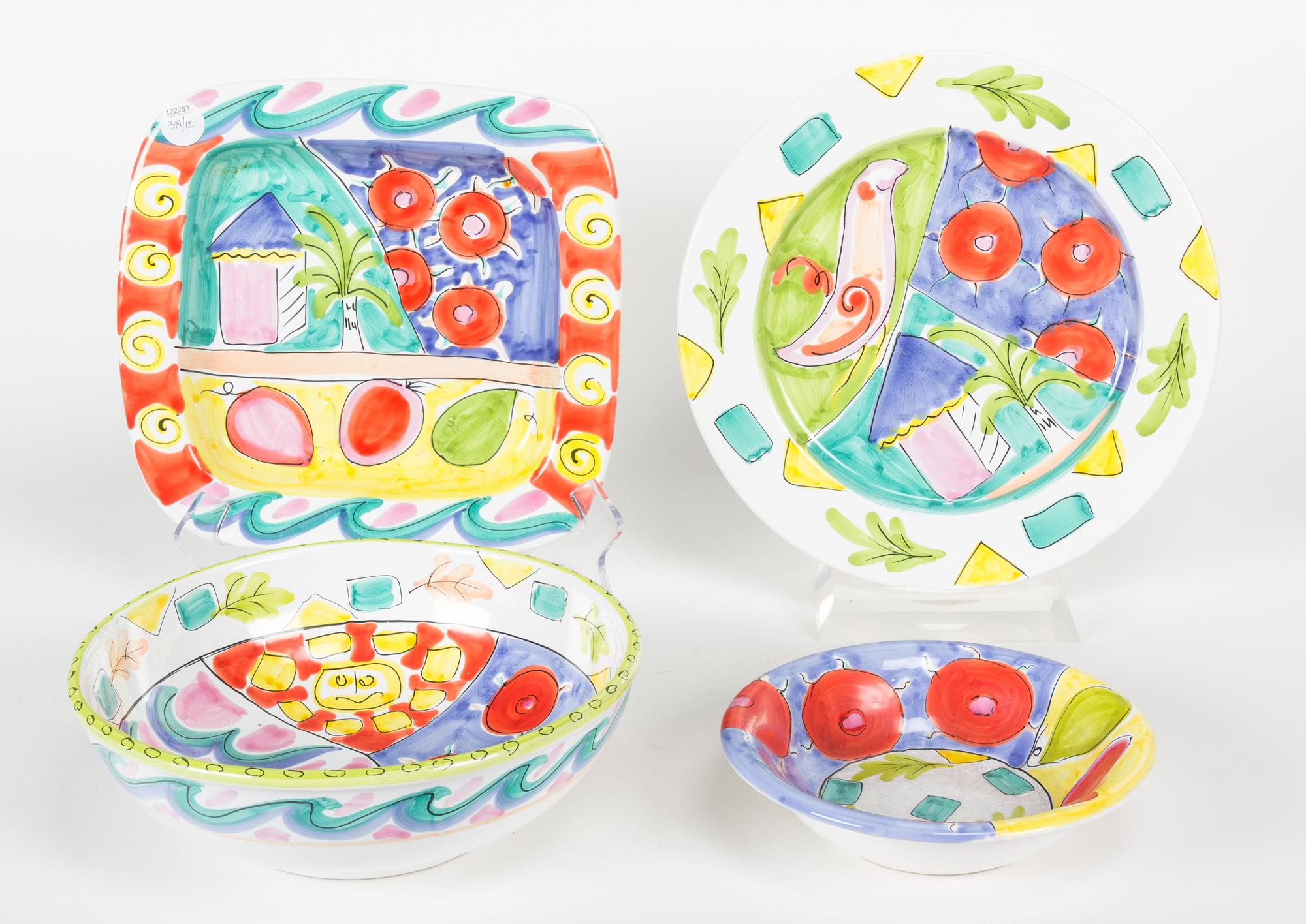 Twelve Pieces of Elizabeth Barrett Roache Hand Painted Dinnerware Length of longest 10 1/2 inches.