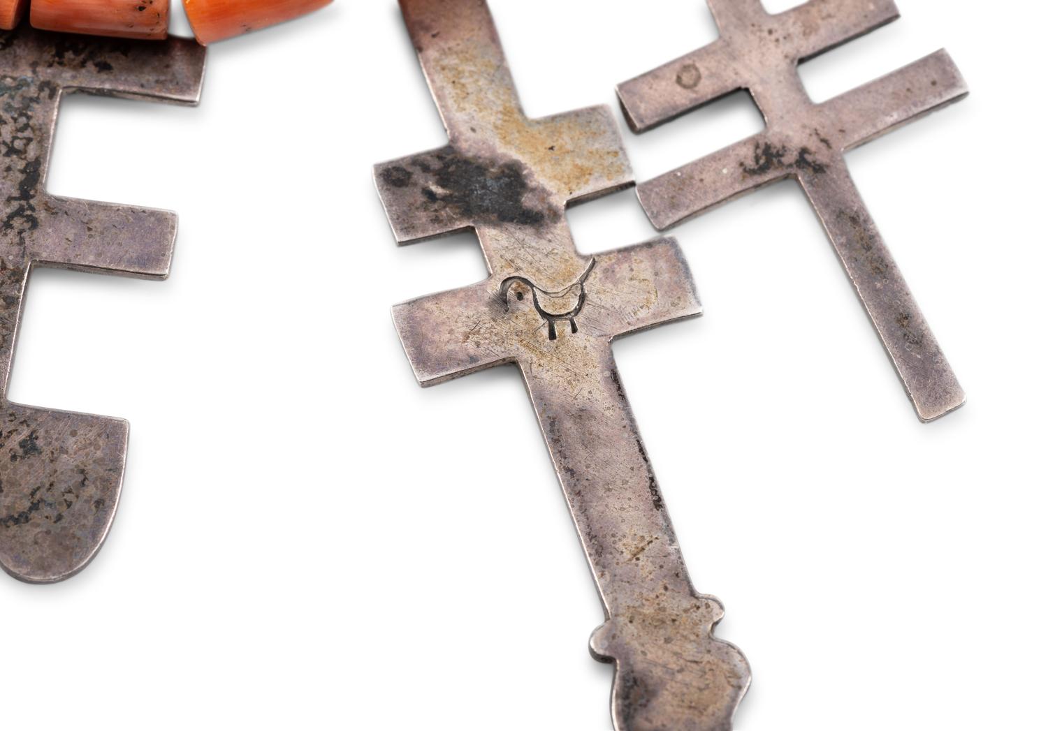 Multi-strand Coral Necklace, with Silver Double Crosses