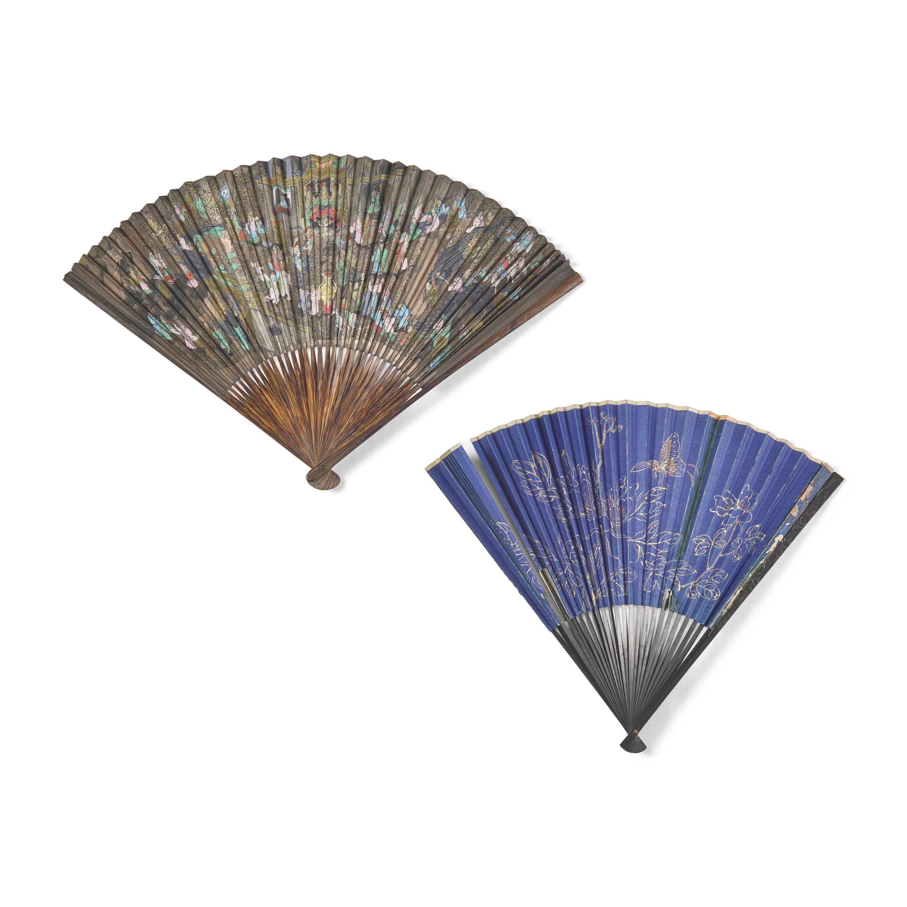 Two Chinese Folding Fans and Embroidered Fan Cases, Late 19th-Early 20th Century 晚清-民國 折扇及扇套一組兩件