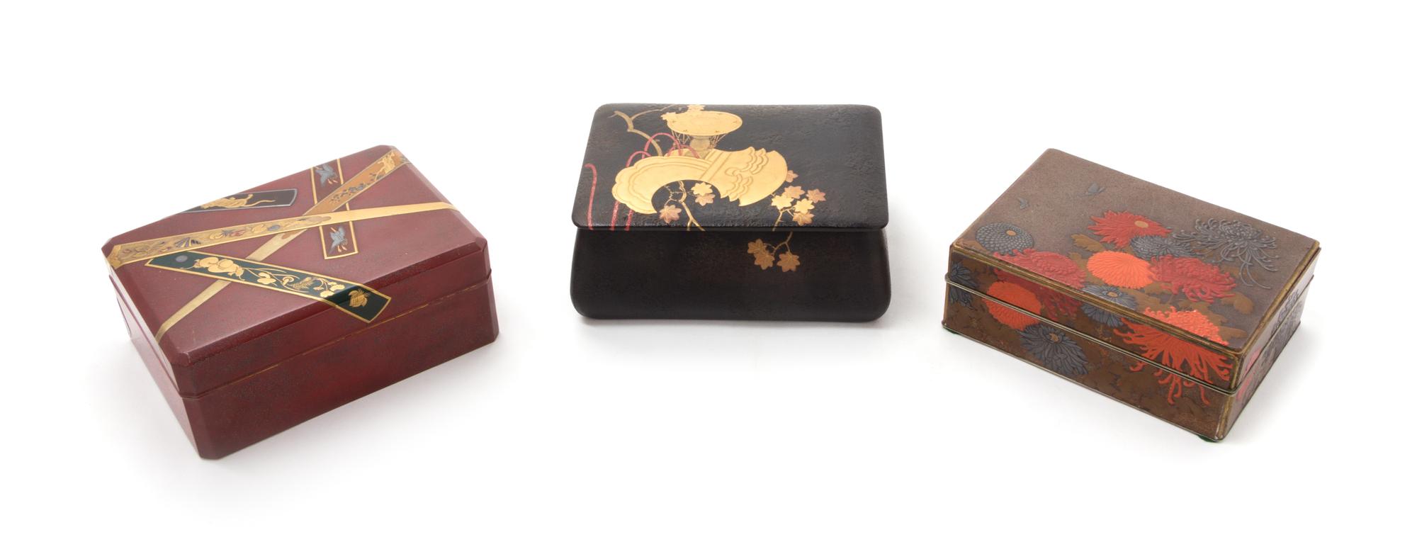 Three Lacquer Rectangular Covered Boxes Length of largest 5 x width 3 1/8 x depth 1 7/8 inches.