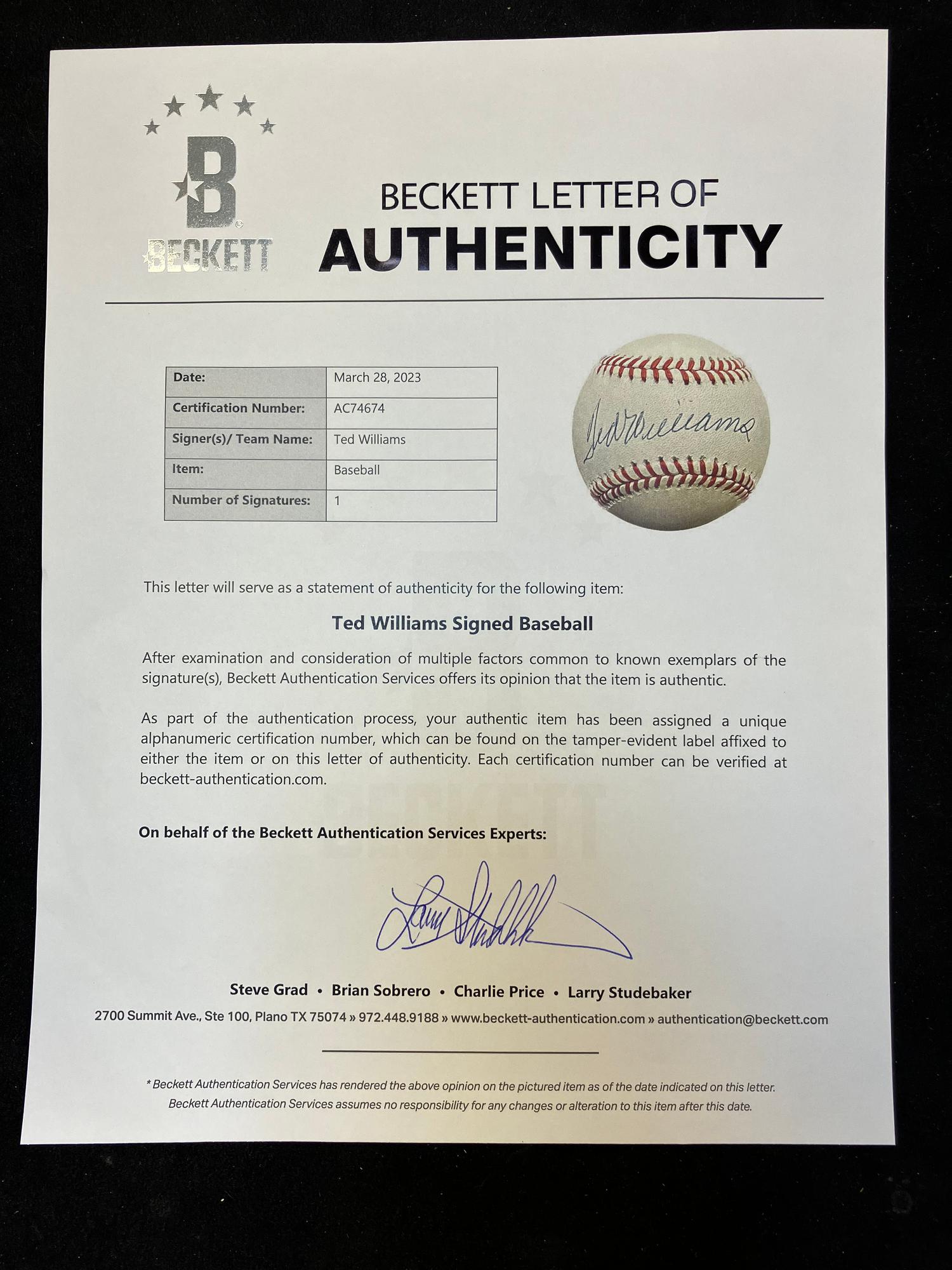 A Ted Williams Single Signed Autograph Baseball (Beckett Authentication Services Letter),