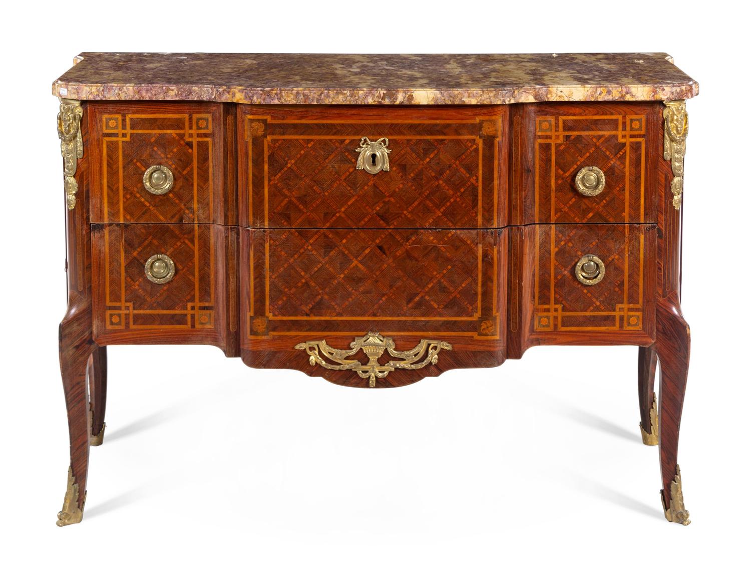 A Louis XV Style Gilt Bronze Mounted Parquetry Commode