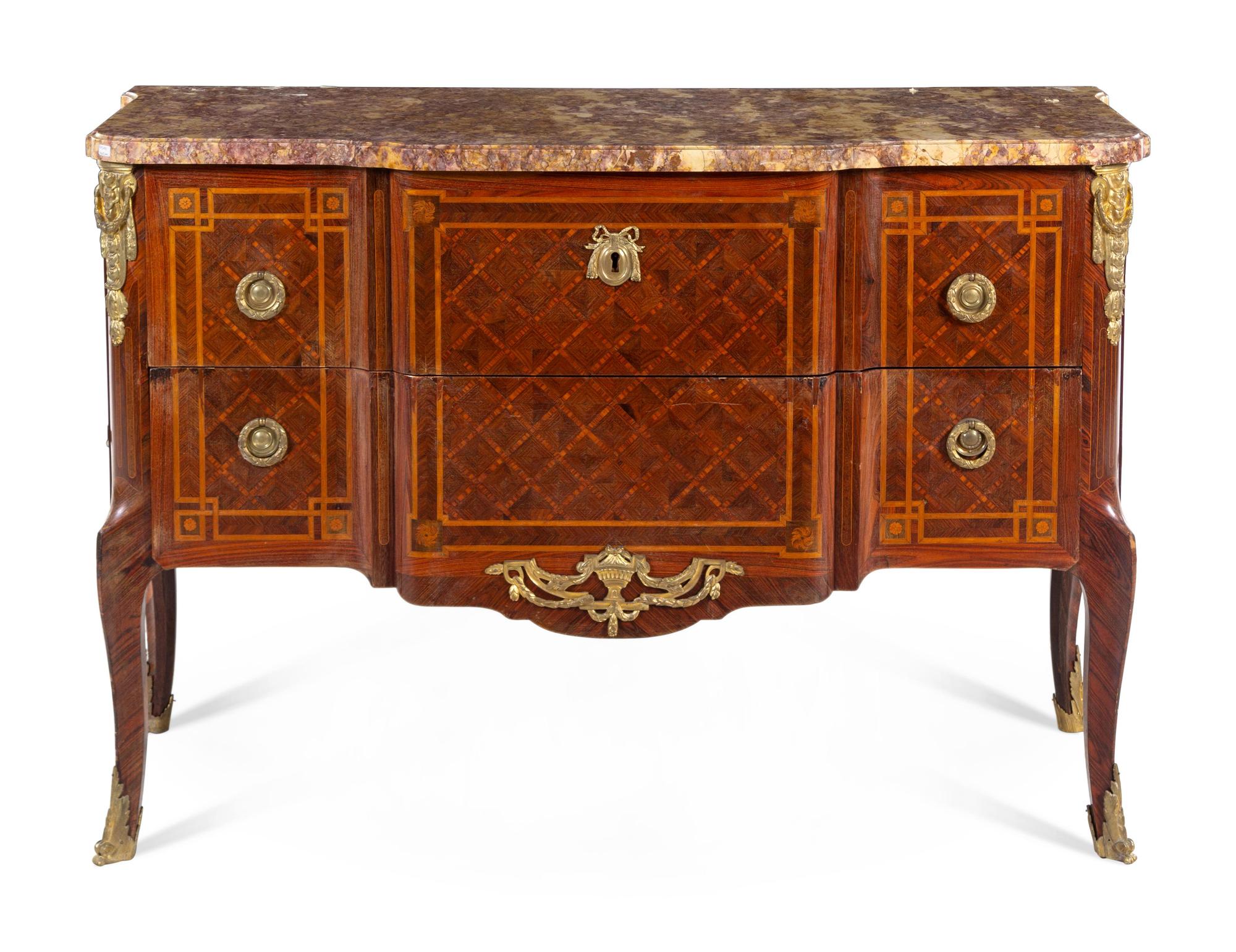 A Louis XV Style Gilt Bronze Mounted Parquetry Commode