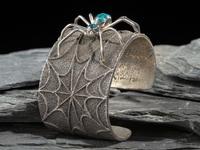 Silver Tufa Cast Spiderweb Cuff Bracelet, with Turquoise Spider