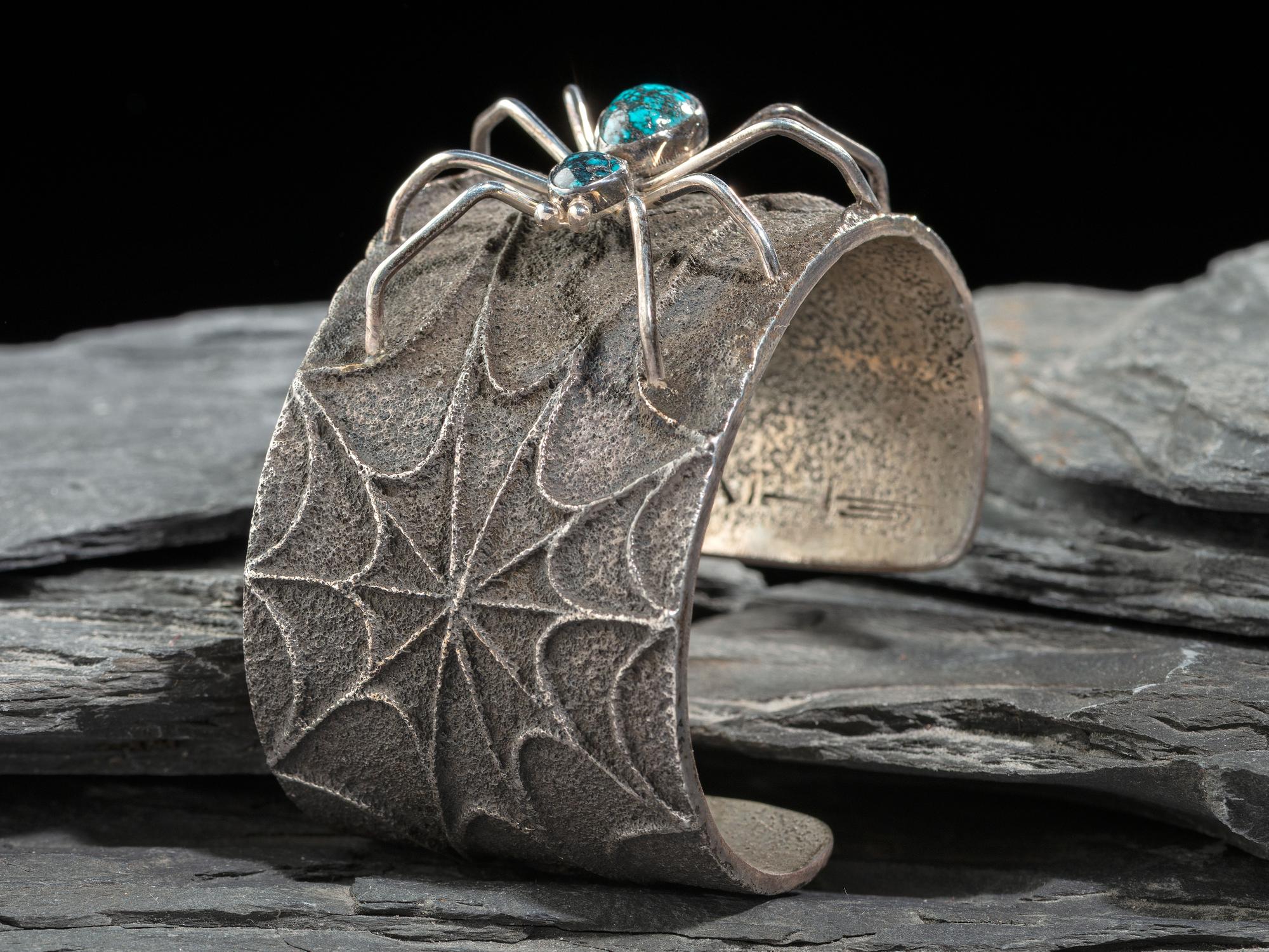 Silver Tufa Cast Spiderweb Cuff Bracelet, with Turquoise Spider