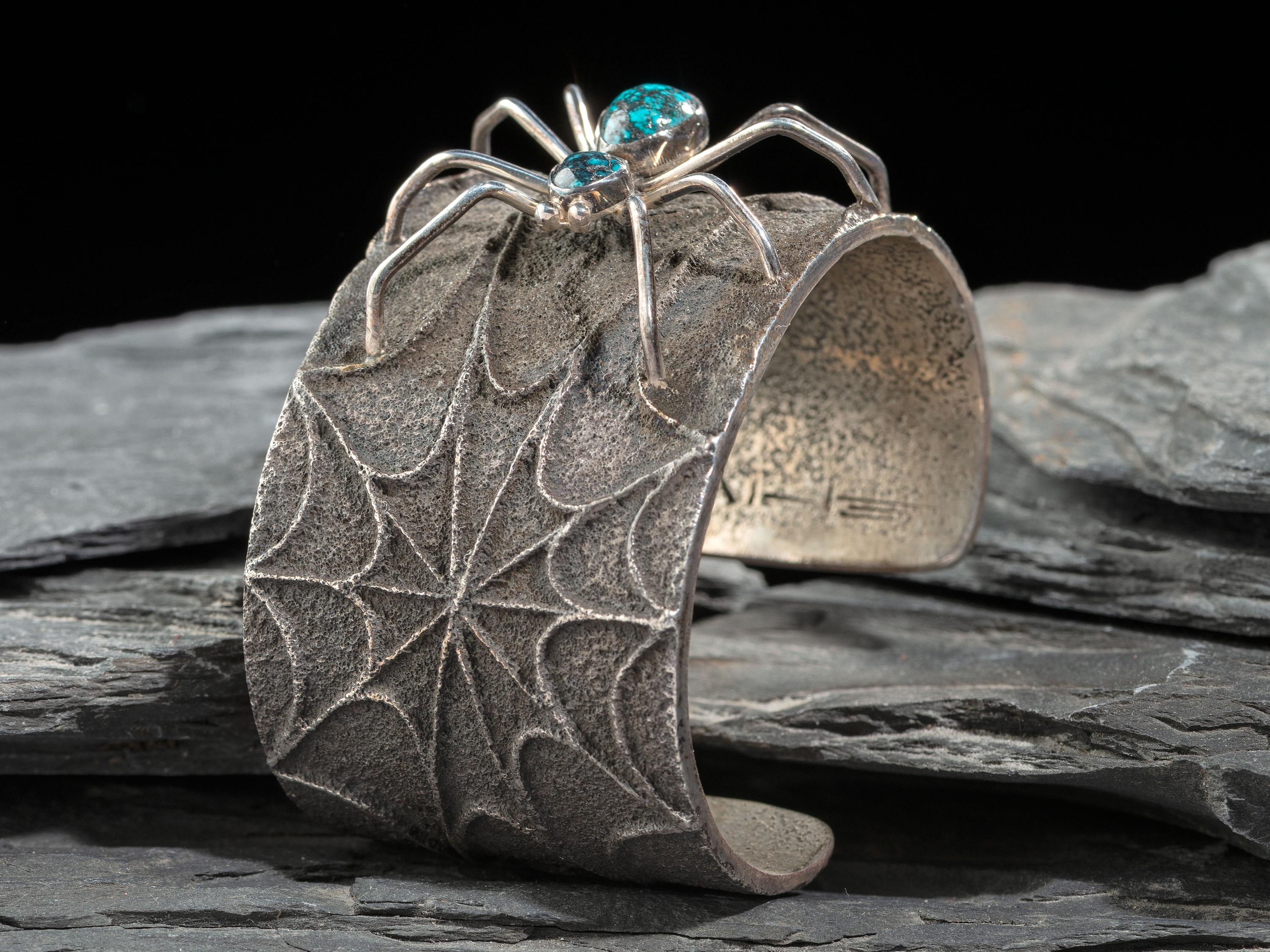 Silver Tufa Cast Spiderweb Cuff Bracelet, with Turquoise Spider