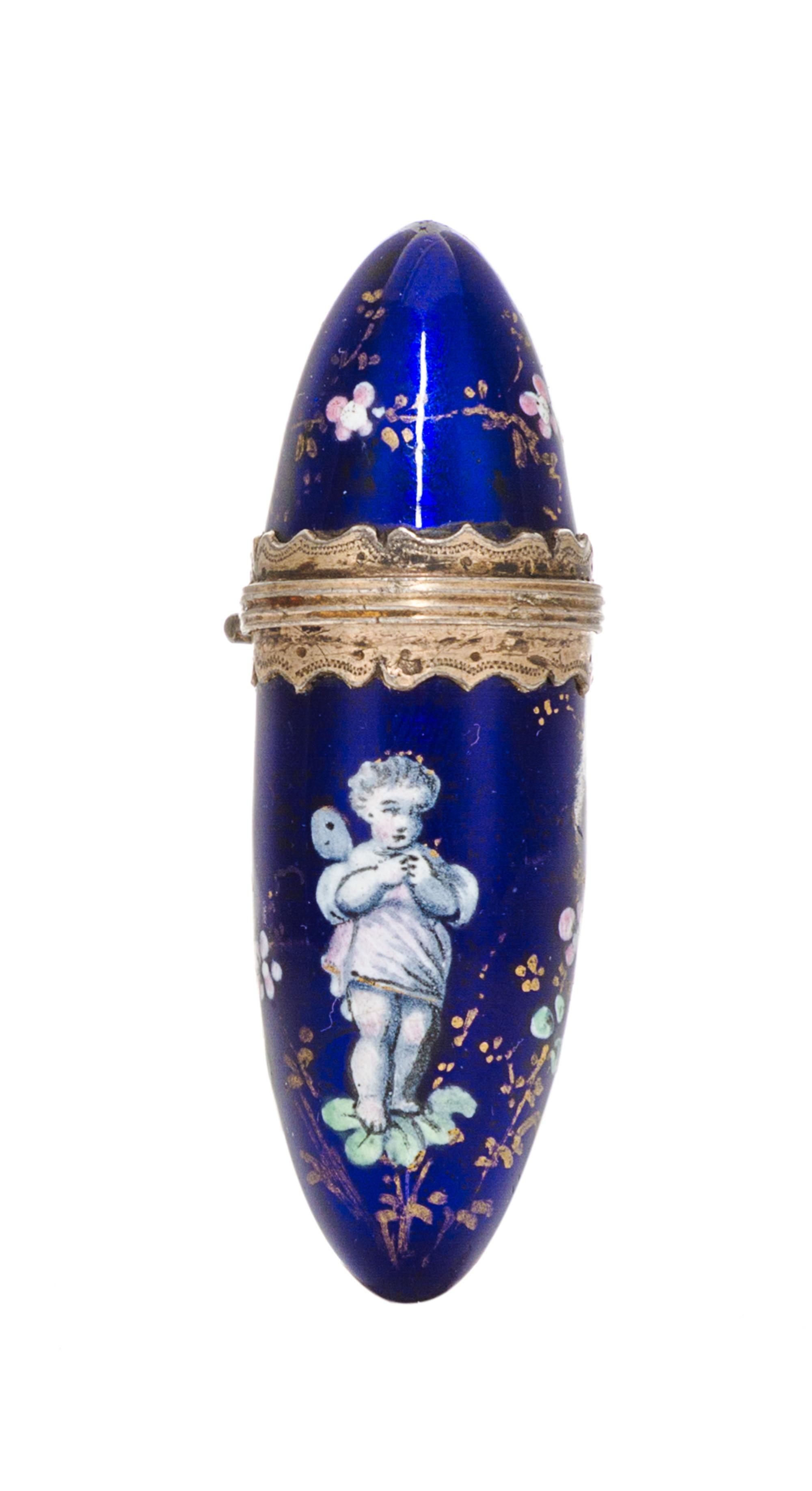A French Enameled Silver Scent Bottle, 18th Century, of ovoid form with floral decoration surrounding a putto, with stopper.