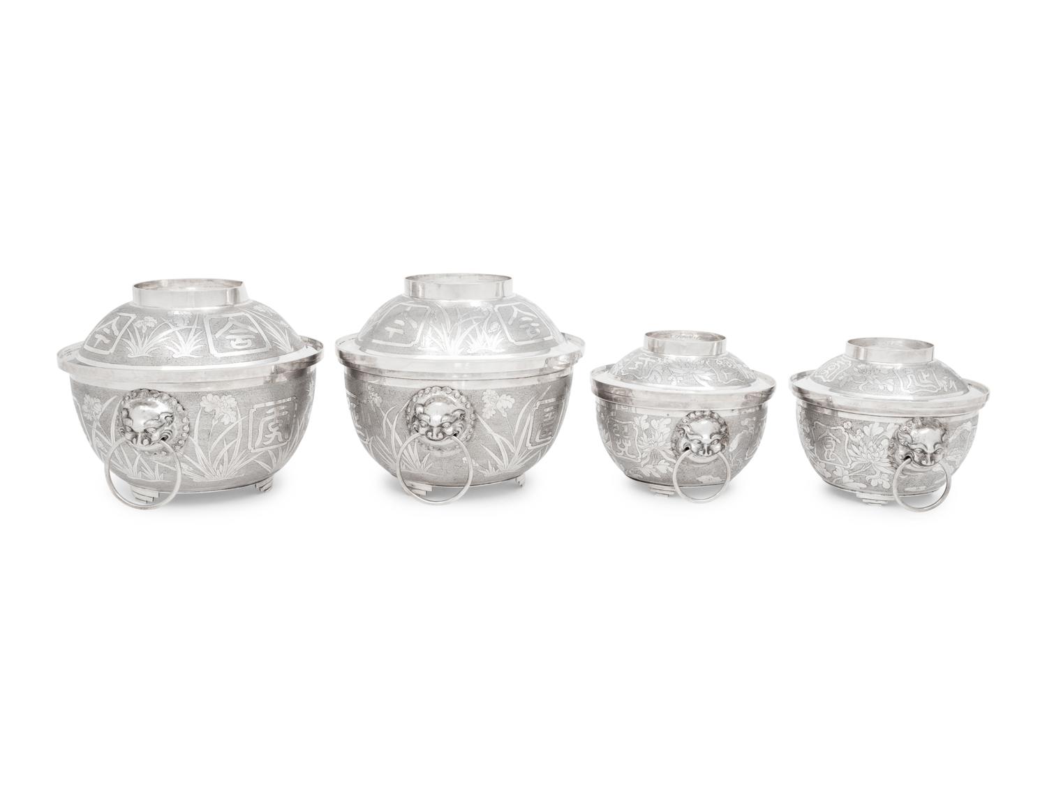 Two Pairs of Chinese Export Silver Covered Bowls