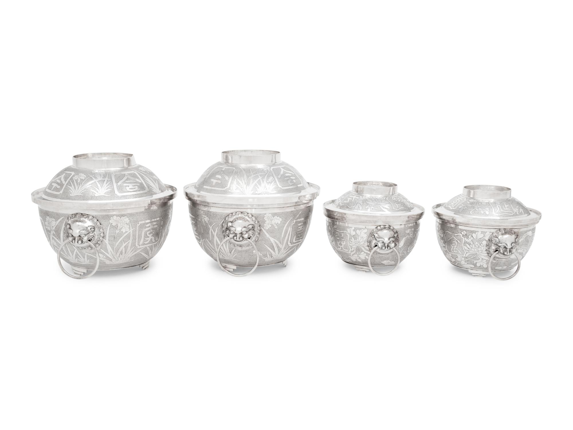 Two Pairs of Chinese Export Silver Covered Bowls