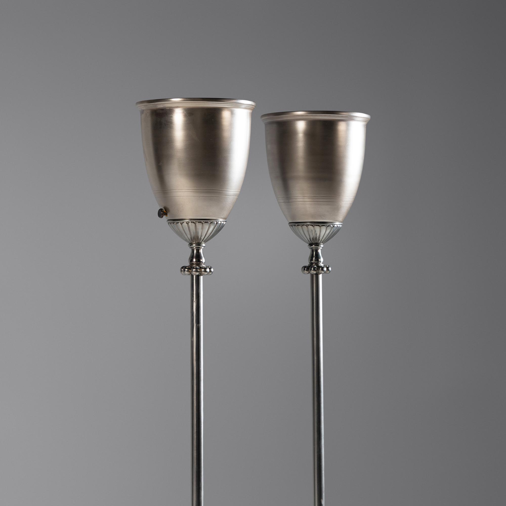 Pair of Silvered Metal Torchère Floor Lamps