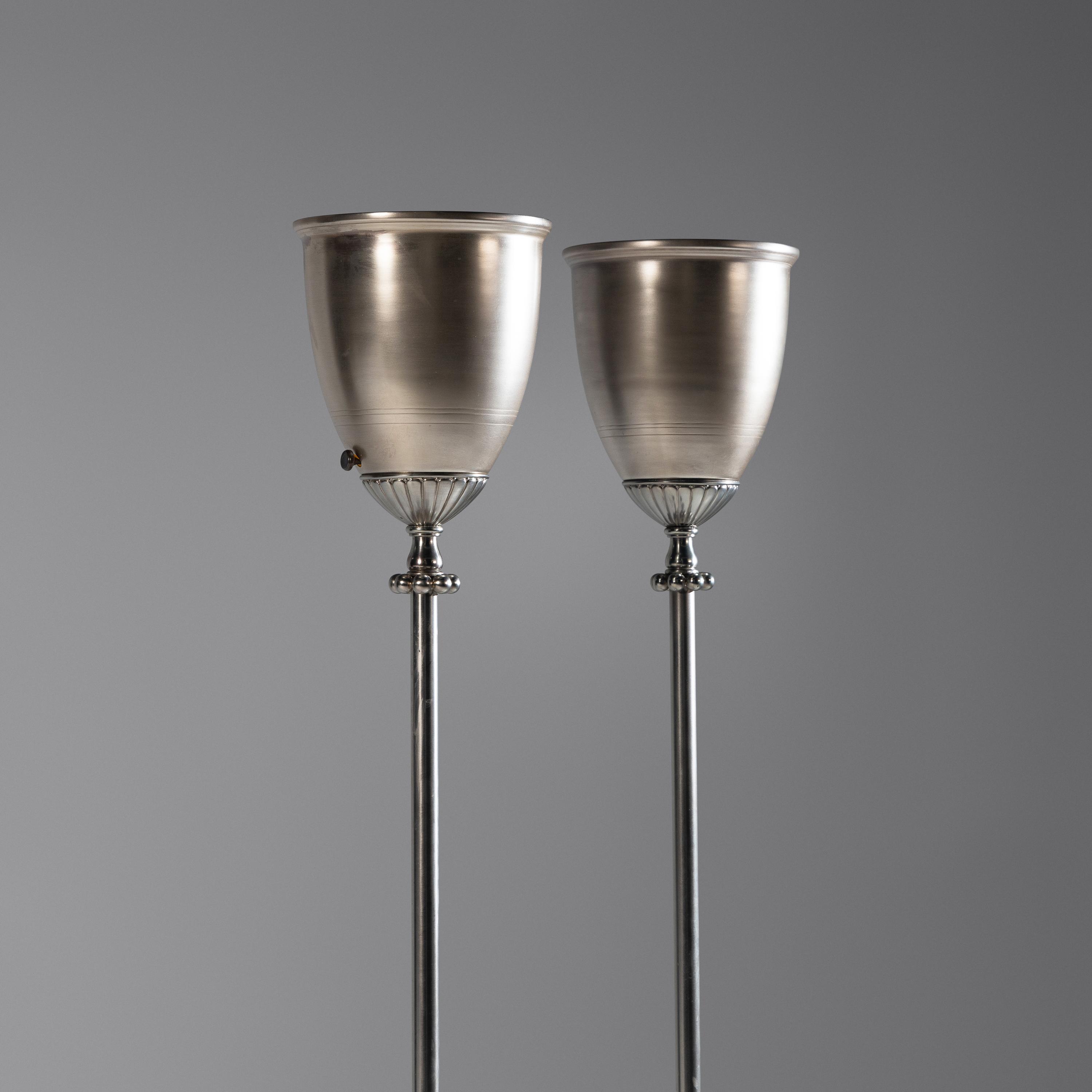 Pair of Silvered Metal Torchère Floor Lamps