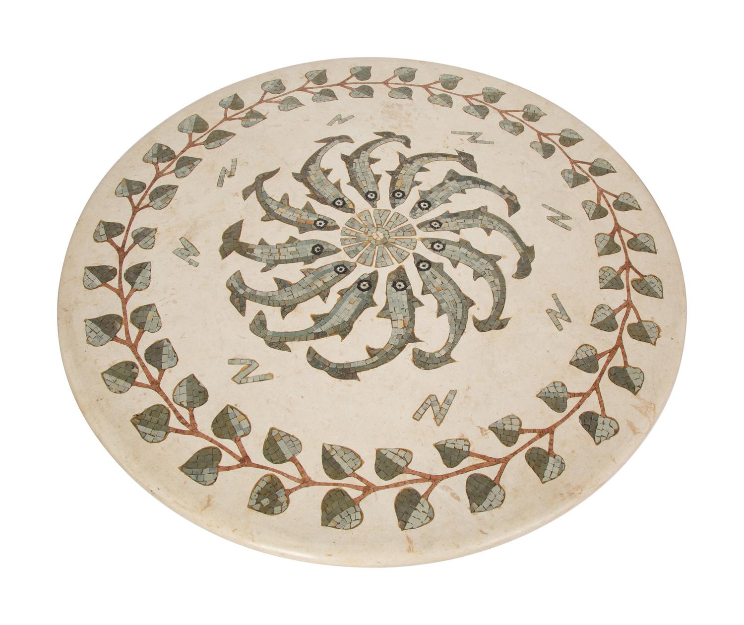 A Mosaic Inlaid Stone Top Table on a Metal Base — 20TH CENTURY
