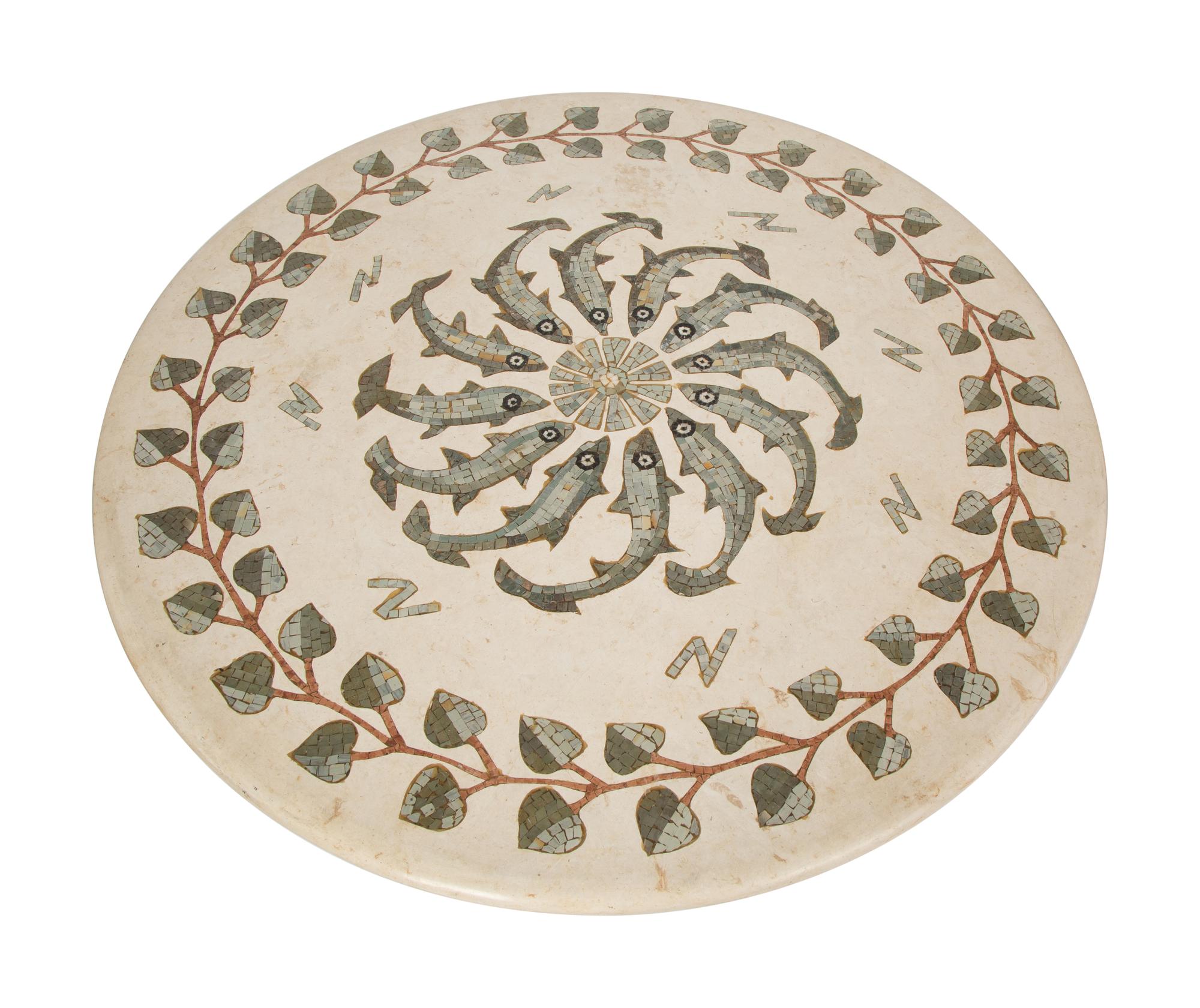A Mosaic Inlaid Stone Top Table on a Metal Base — 20TH CENTURY