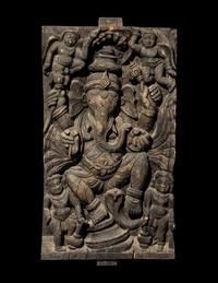 An Indian Carved Wood Panel of A Ganesha