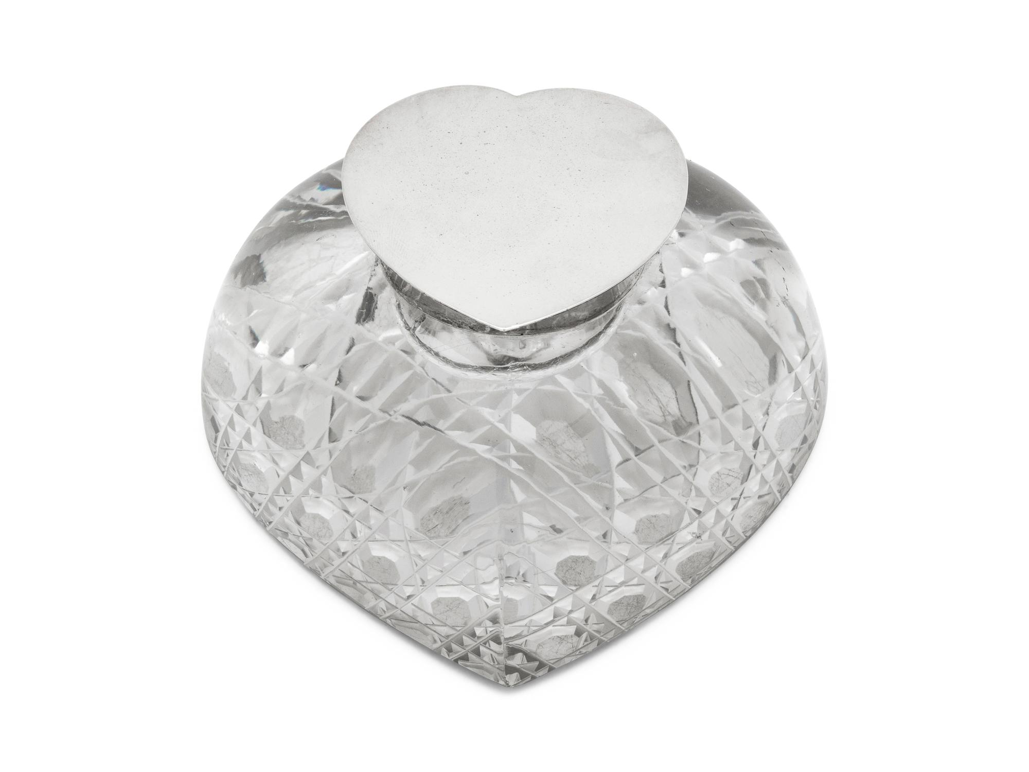 An English Silver Lidded Heart-shaped Cut Crystal Inkwell