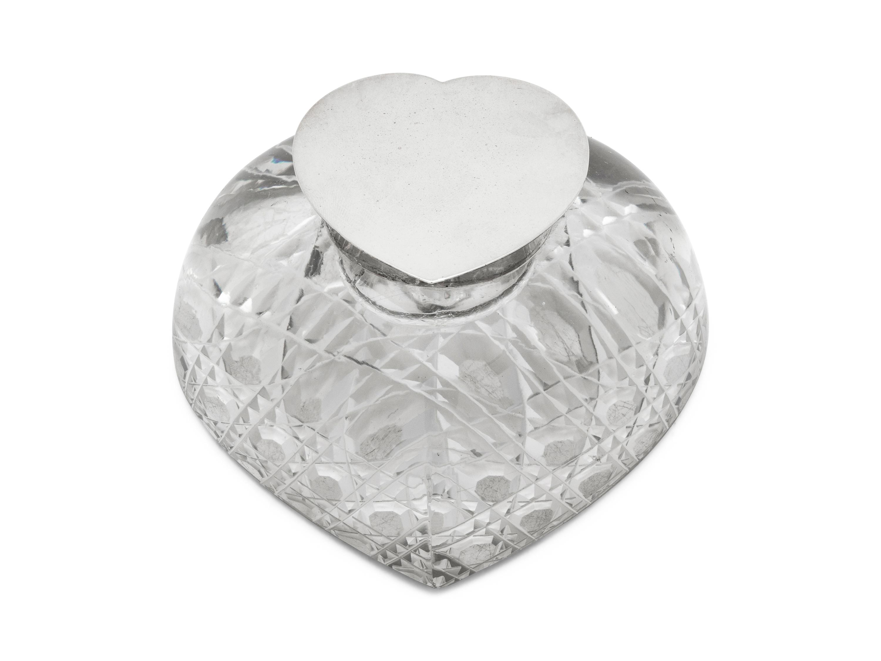 An English Silver Lidded Heart-shaped Cut Crystal Inkwell