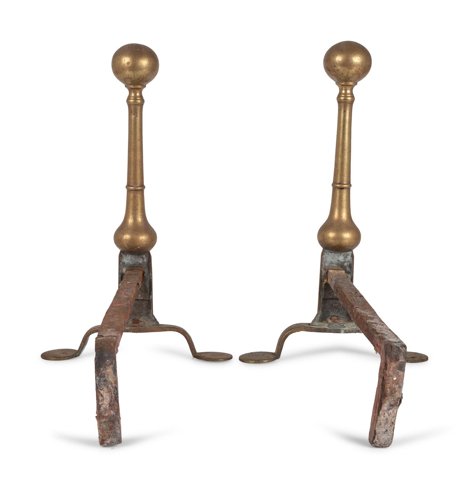 A Pair of Queen Anne Brass and Wrought-Iron Wafer Foot Andirons