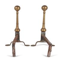 A Pair of Queen Anne Brass and Wrought-Iron Wafer Foot Andirons