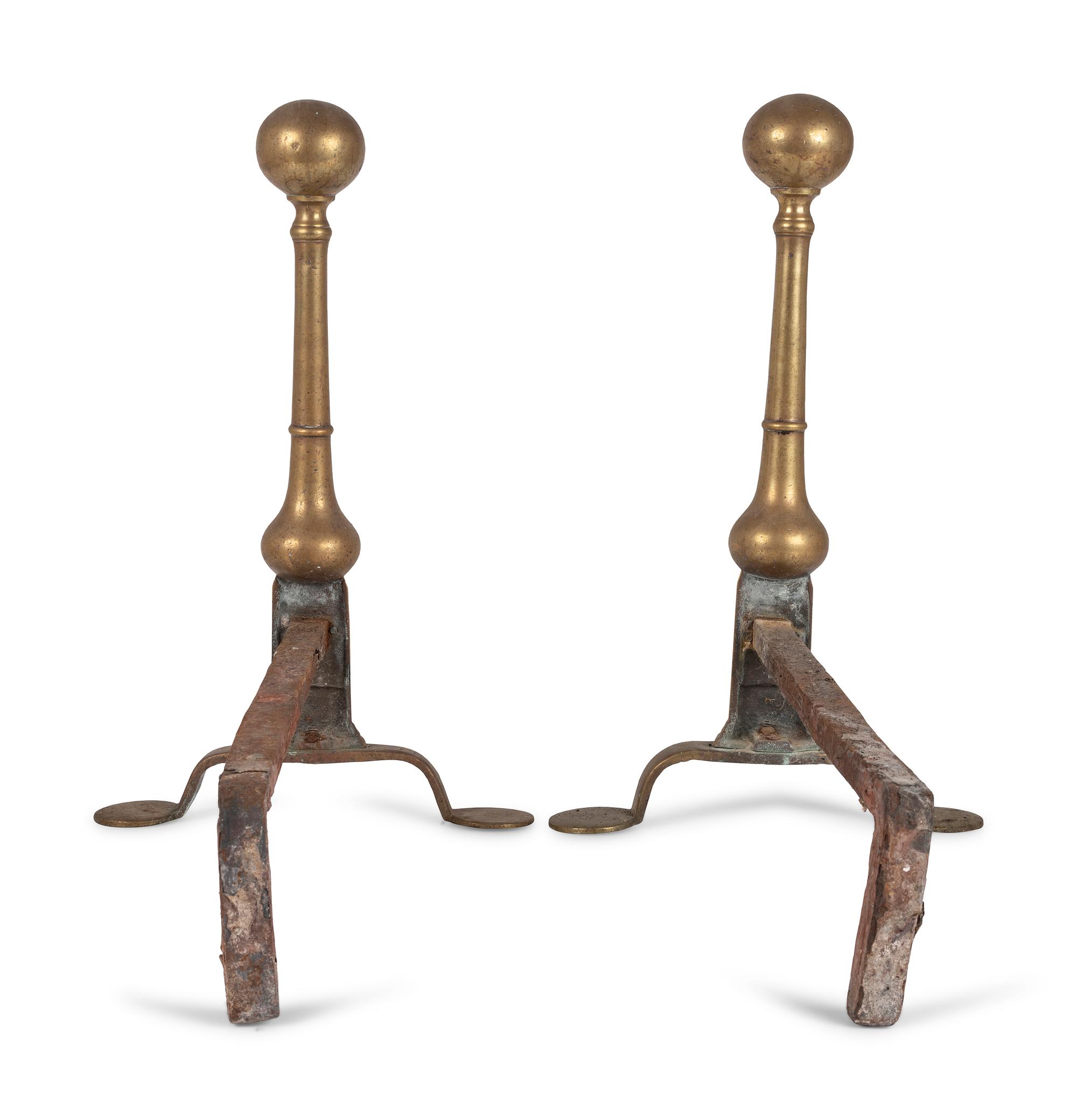 A Pair of Queen Anne Brass and Wrought-Iron Wafer Foot Andirons
