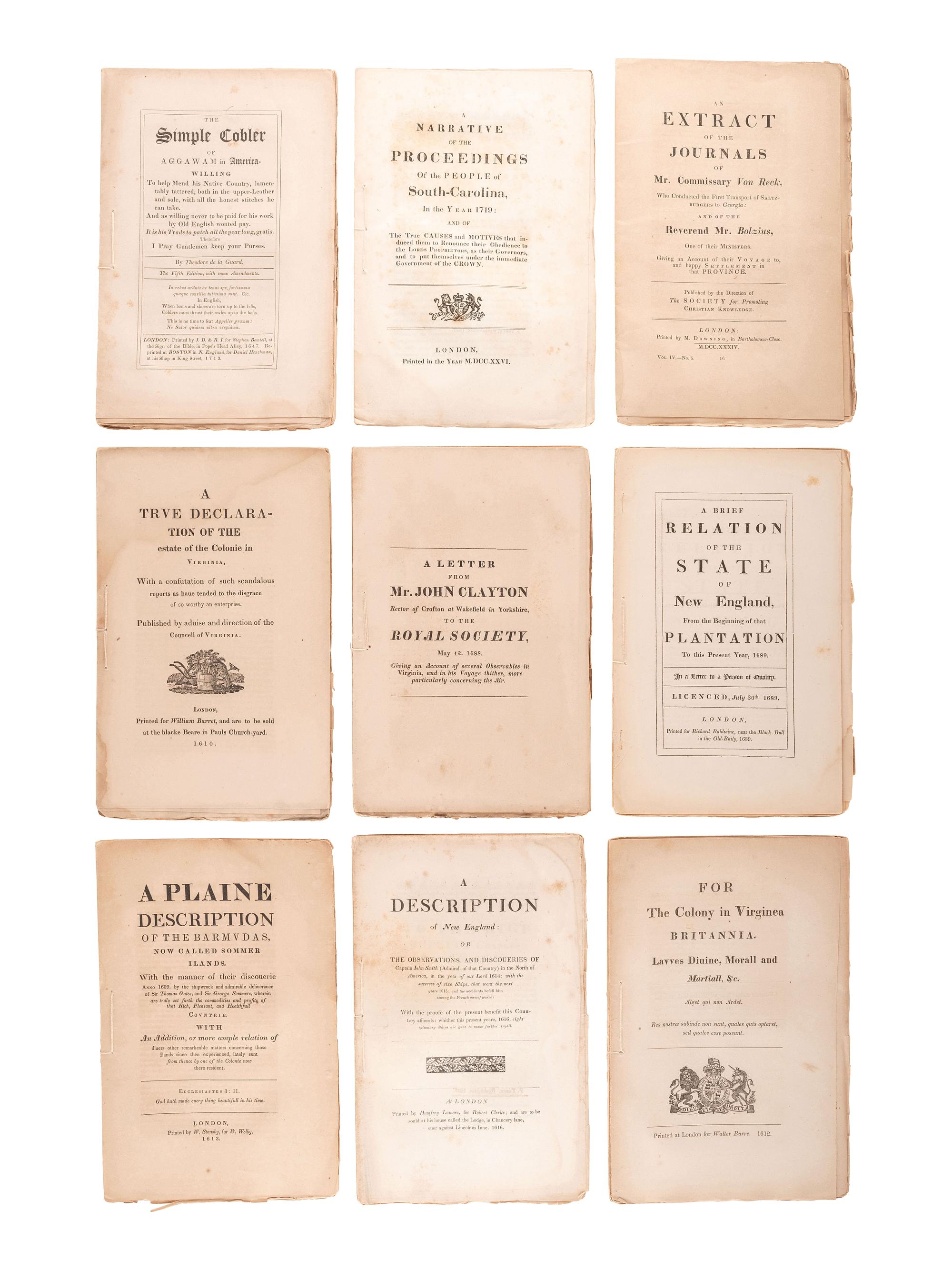 [COLONIAL IMPRINTS]. A collection of 23 mid-19th-century reprints of colonial pamphlets and manuscripts by Peter FORCE, comprising.