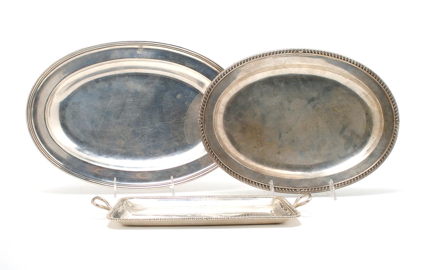 A Group of Three English and Irish Silver Trays, Width of widest 14 1/4 inches.