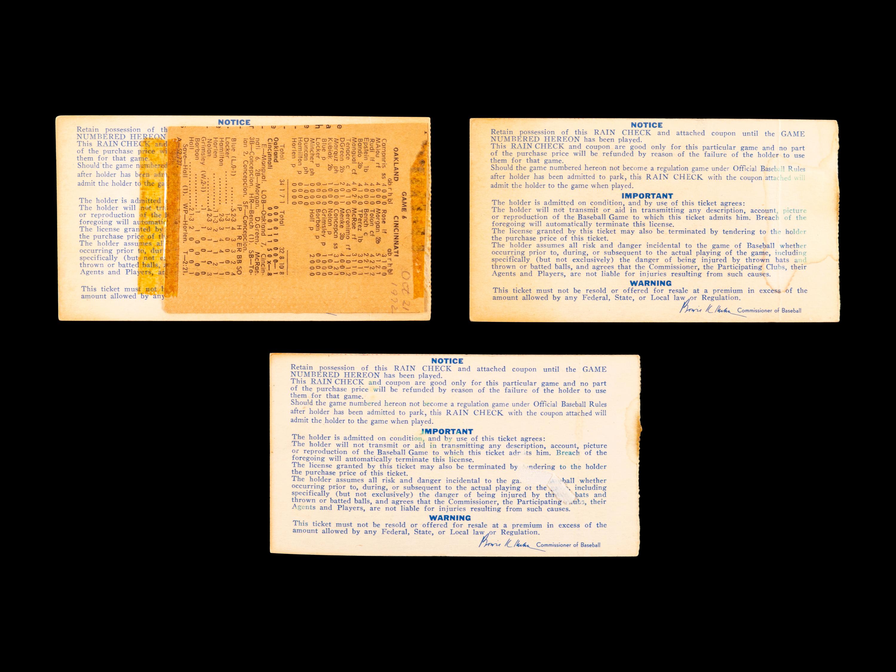 A Group of Three 1972 World Series Oakland Athletics vs. Cincinnati Reds Game 6 Ticket Stubs,