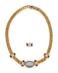 NIVA, YELLOW GOLD, SAPPHIRE, AND DIAMOND NECKLACE AND RING