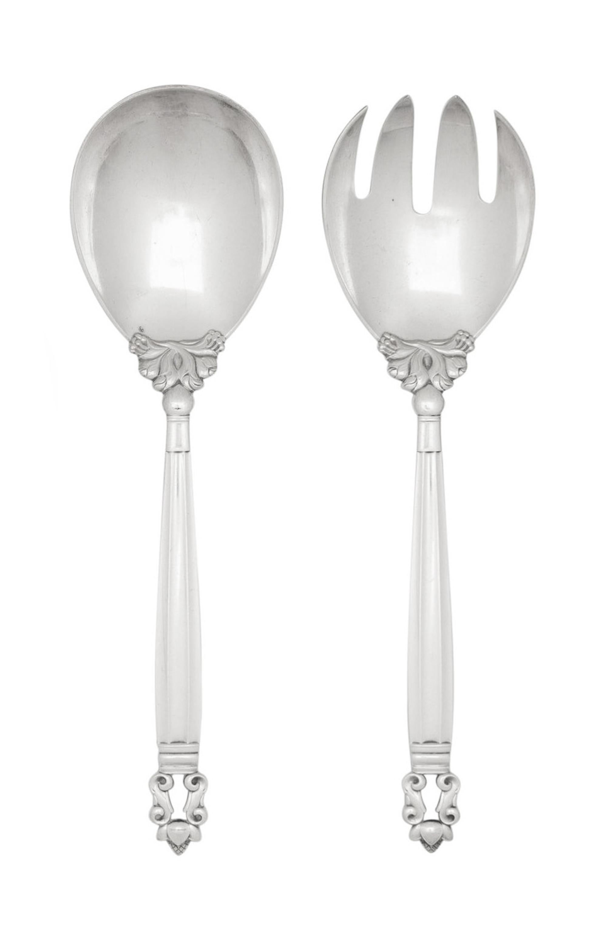 A Georg Jensen Acorn Silver Salad Serving Set