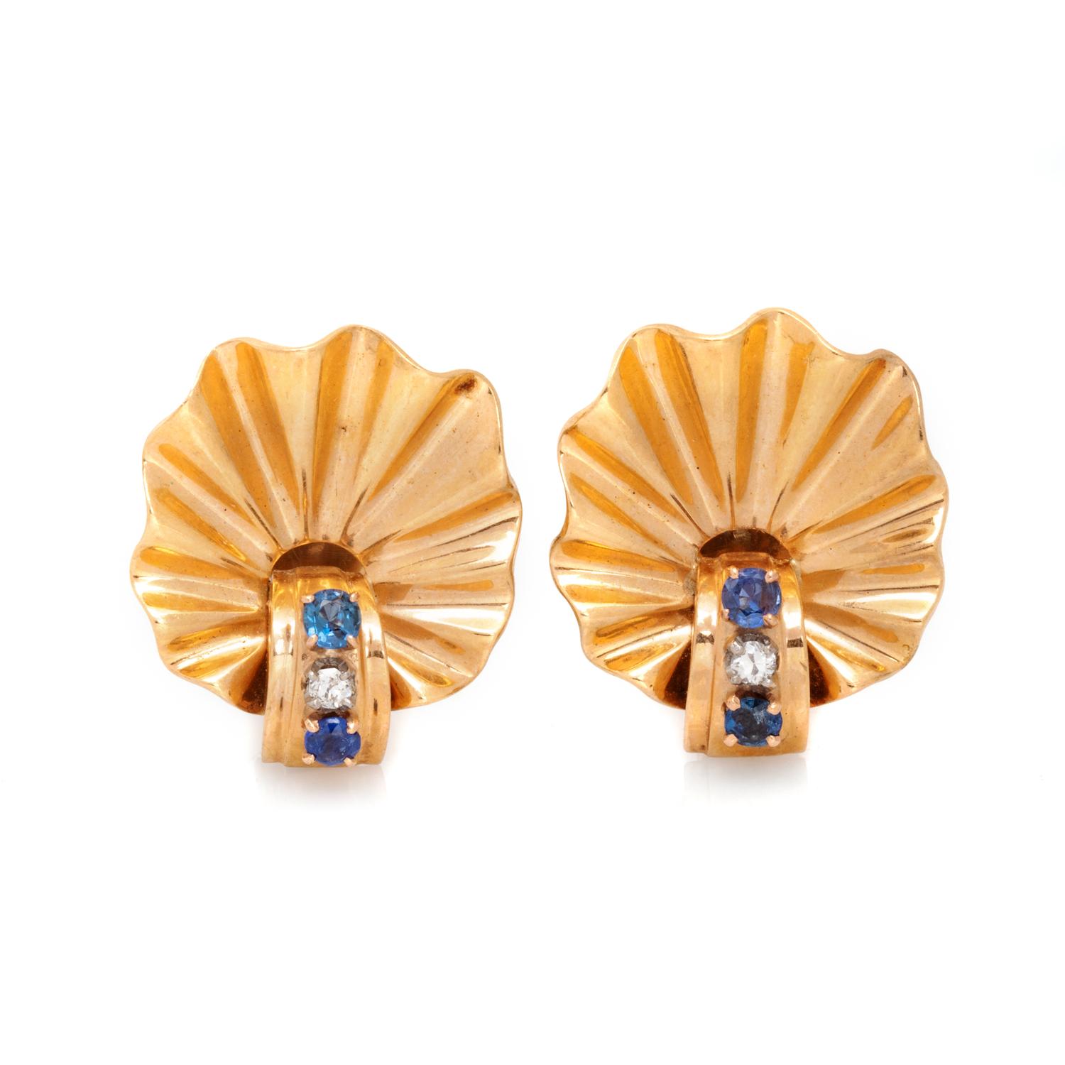 RETRO, YELLOW GOLD, SAPPHIRE AND DIAMOND EARCLIPS