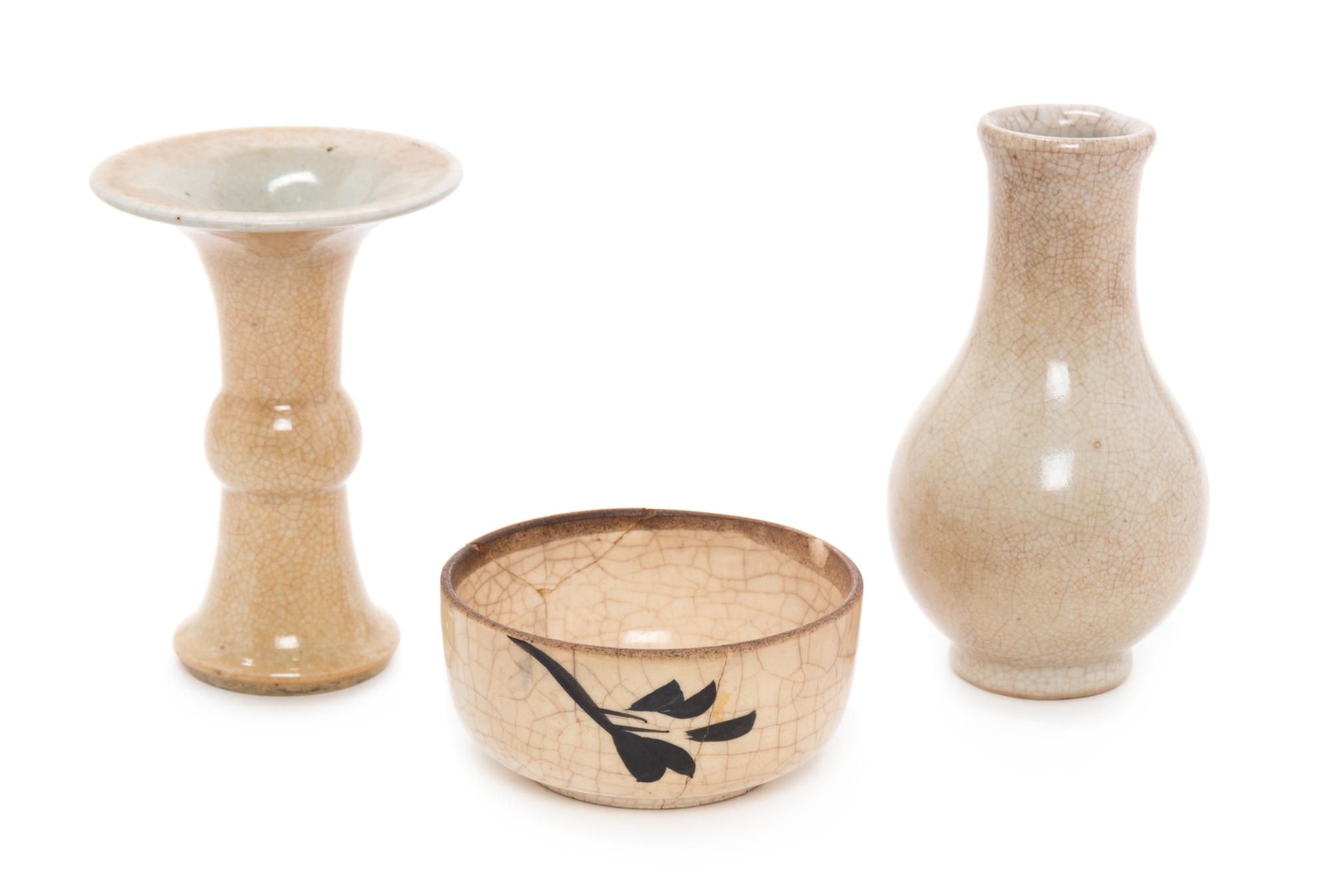 Three Chinese Ge- Type Articles Height of tallest 4 7/8 inches.
