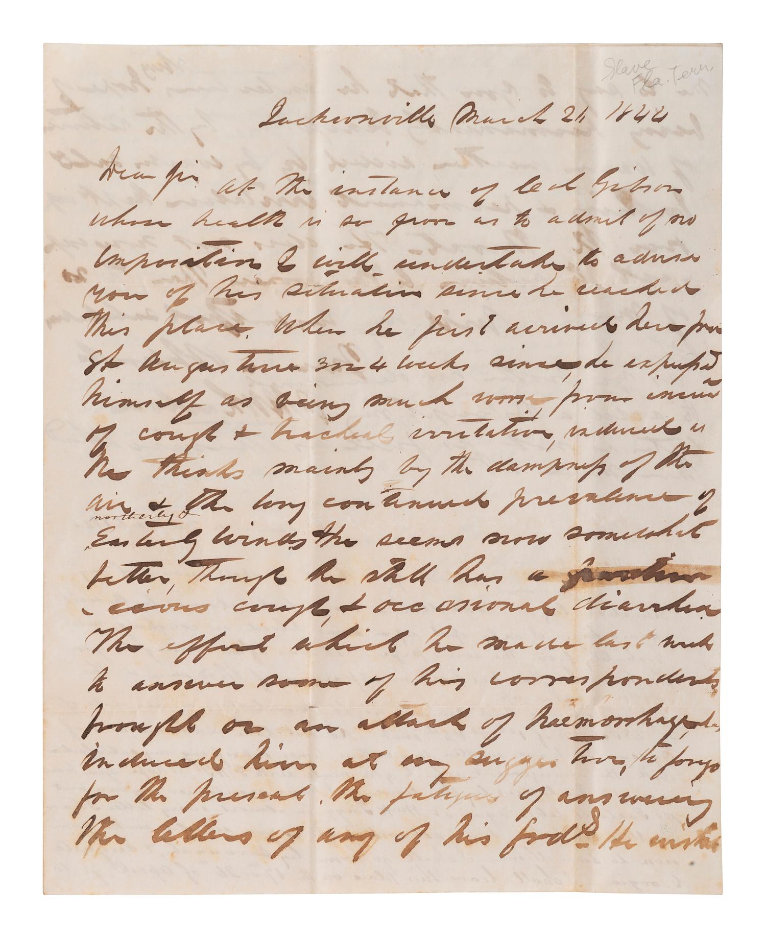 [ENSLAVEMENT]. Florida letter describing a specific enslaved person who "does not breed." 1844.