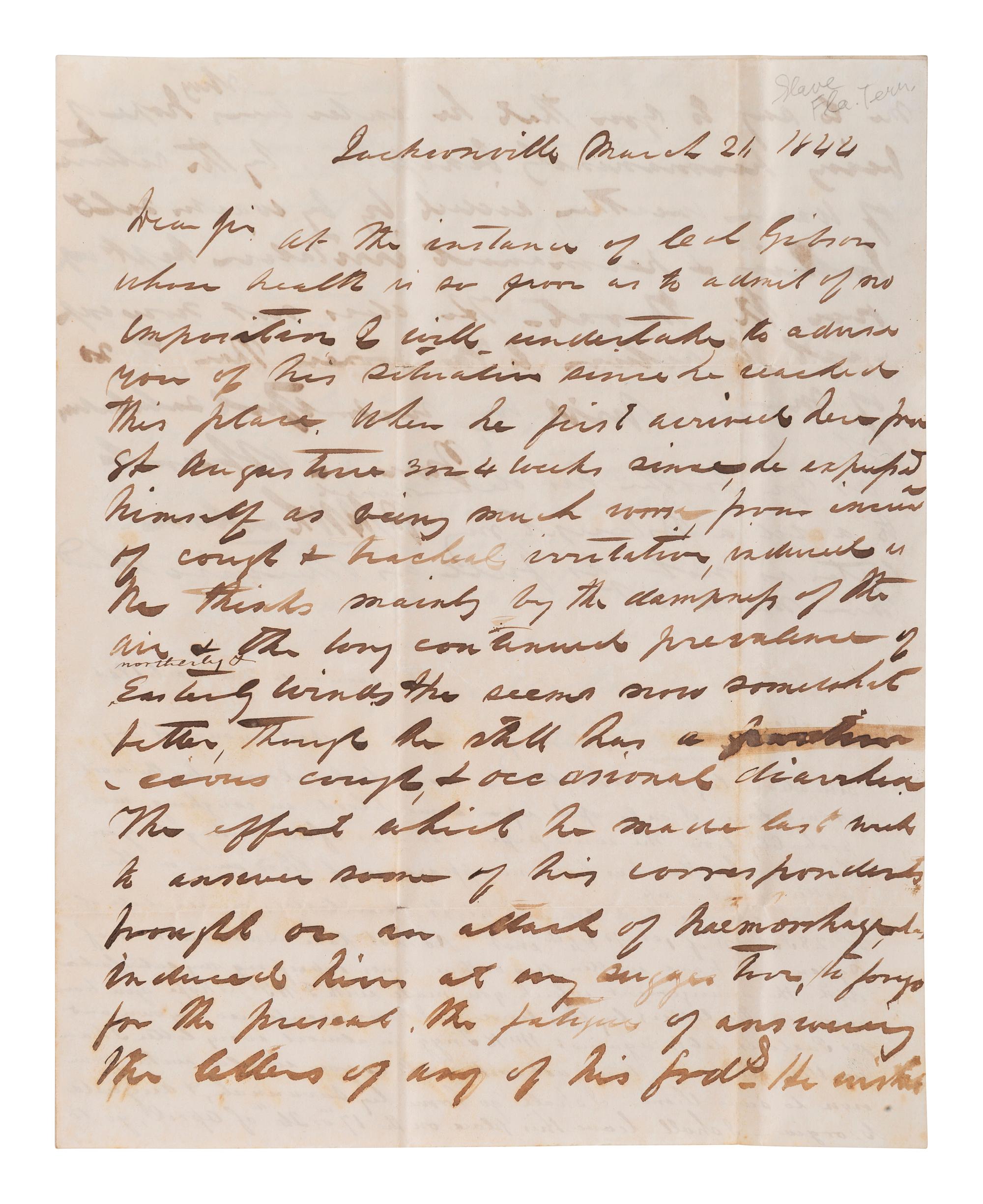 [ENSLAVEMENT]. Florida letter describing a specific enslaved person who "does not breed." 1844.