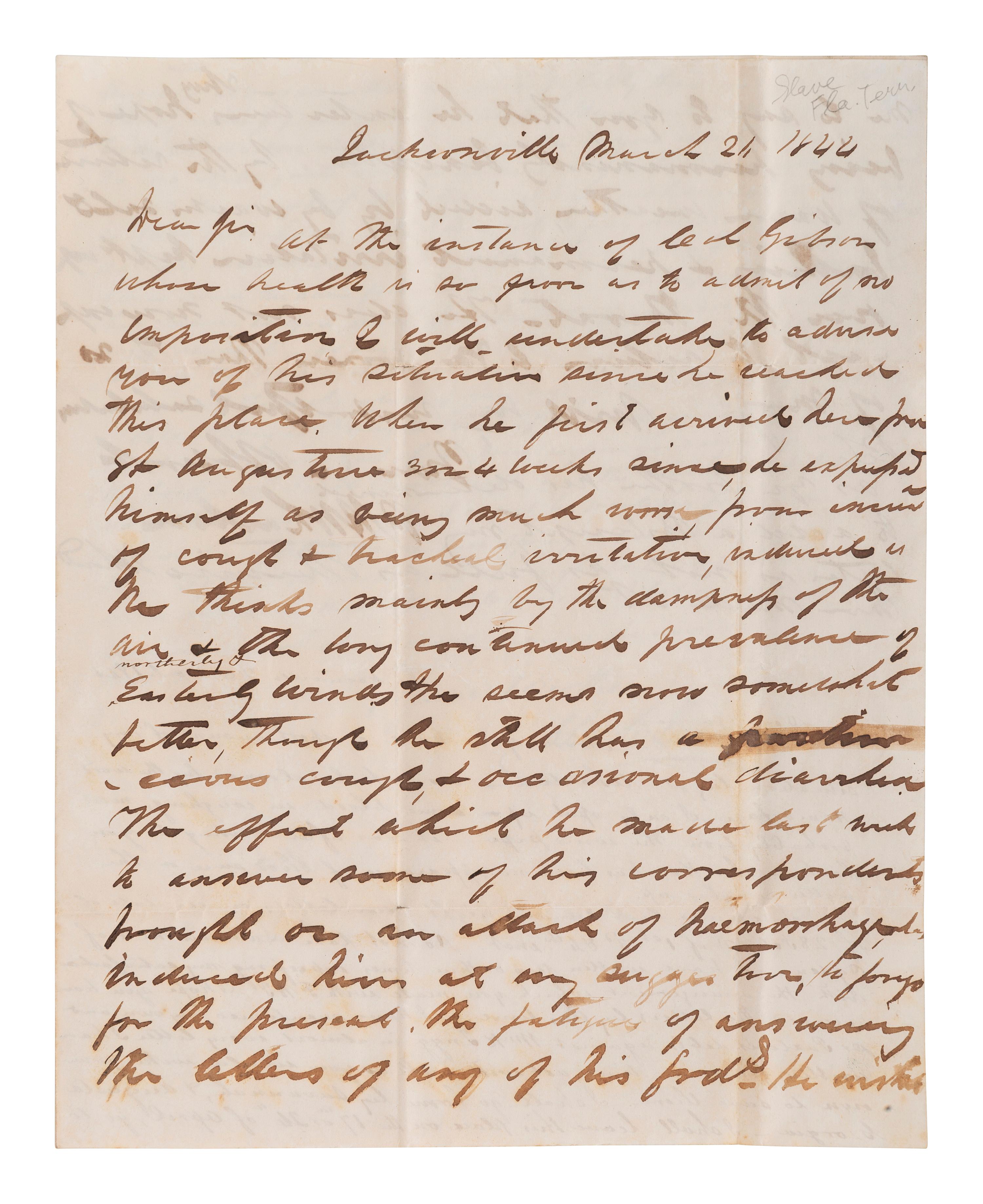 [ENSLAVEMENT]. Florida letter describing a specific enslaved person who "does not breed." 1844.