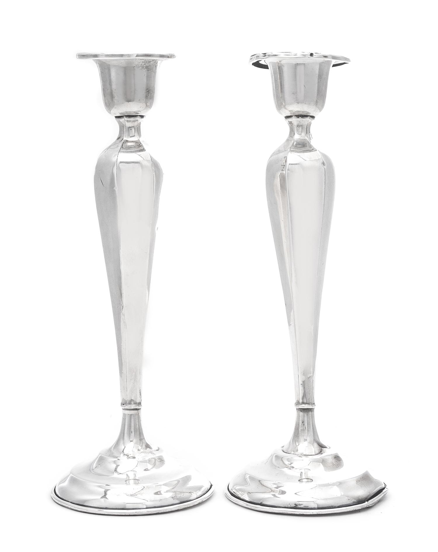 A Pair of American Silver Candlesticks, Matthews Co., Newark, NJ, Early 20th Century, each of tapering paneled form surmounted by a can