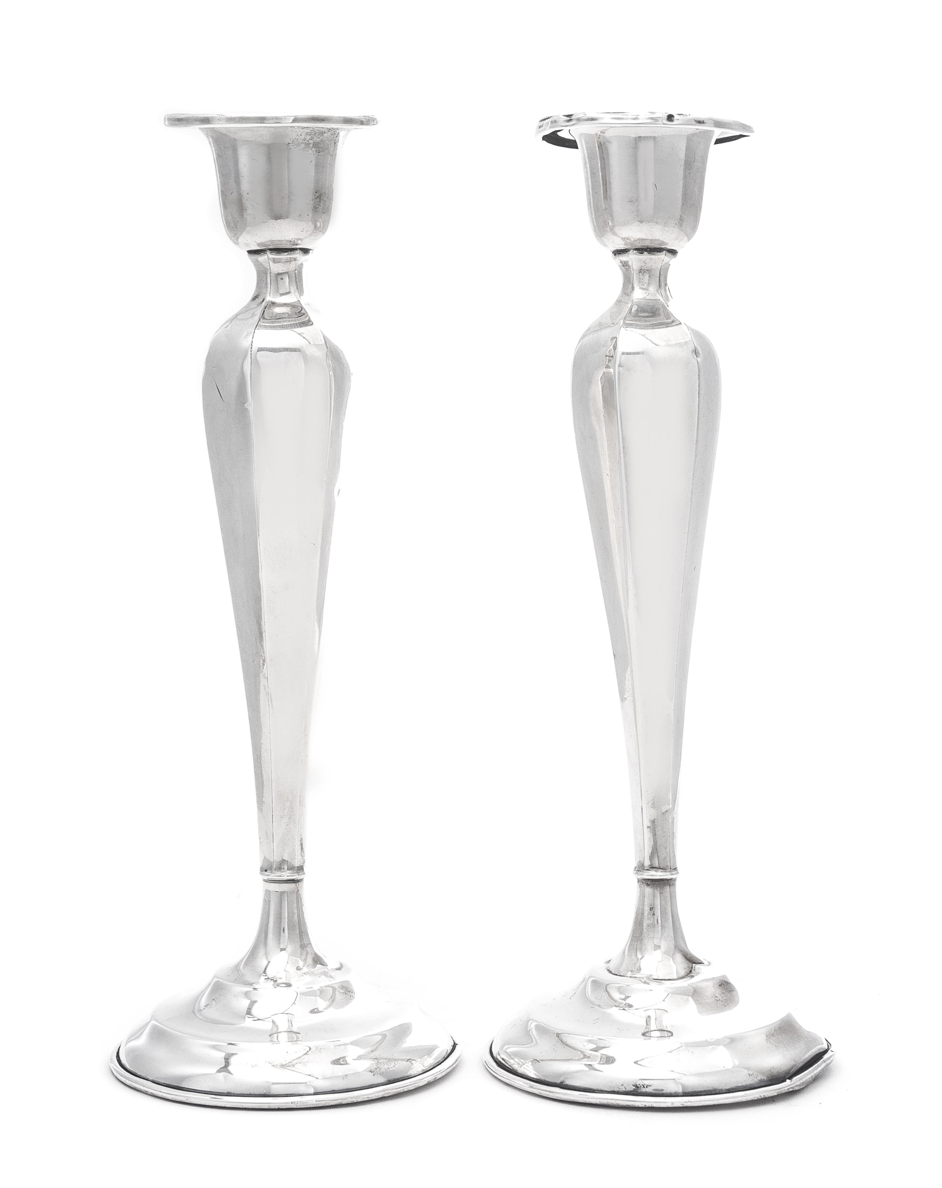 A Pair of American Silver Candlesticks, Matthews Co., Newark, NJ, Early 20th Century, each of tapering paneled form surmounted by a can