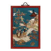 A Pair of Chinese Jade and Hardstone Inlaid and Cinnabar Lacquered Hanging Screens, 20th Century 近代 剔紅框藍地嵌寶童子圖挂屏一對