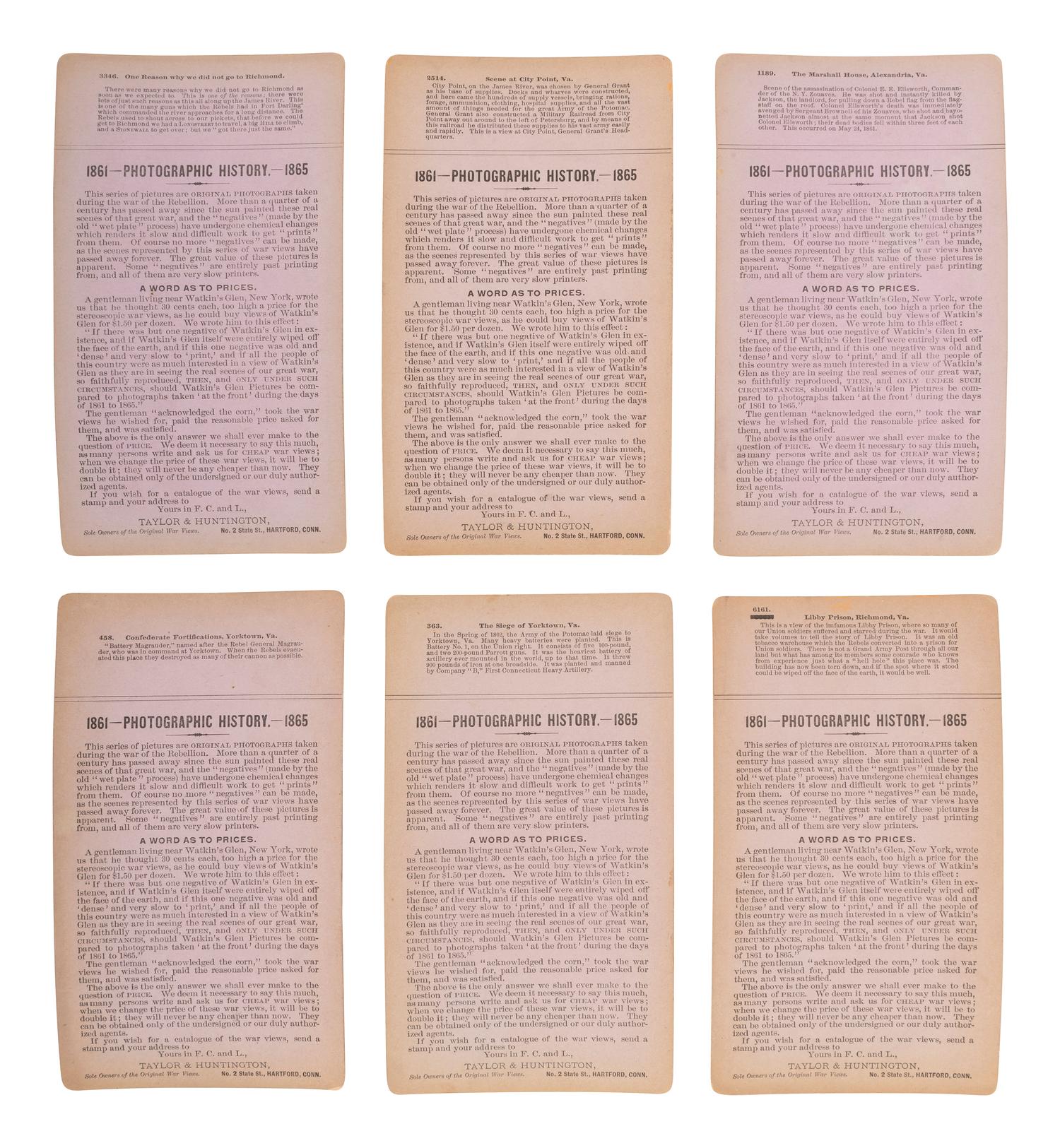 [CIVIL WAR]. A group of 24 stereoviews featuring scenes around Virginia including artillery, fortifications, Confederate prisons, and other subjects. Hartford, CT: Taylor & Huntington, ca 1890s.