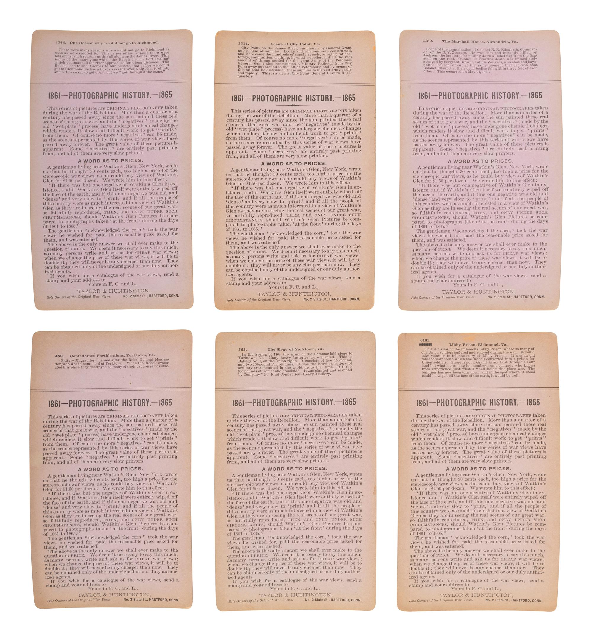 [CIVIL WAR]. A group of 24 stereoviews featuring scenes around Virginia including artillery, fortifications, Confederate prisons, and other subjects. Hartford, CT: Taylor & Huntington, ca 1890s.