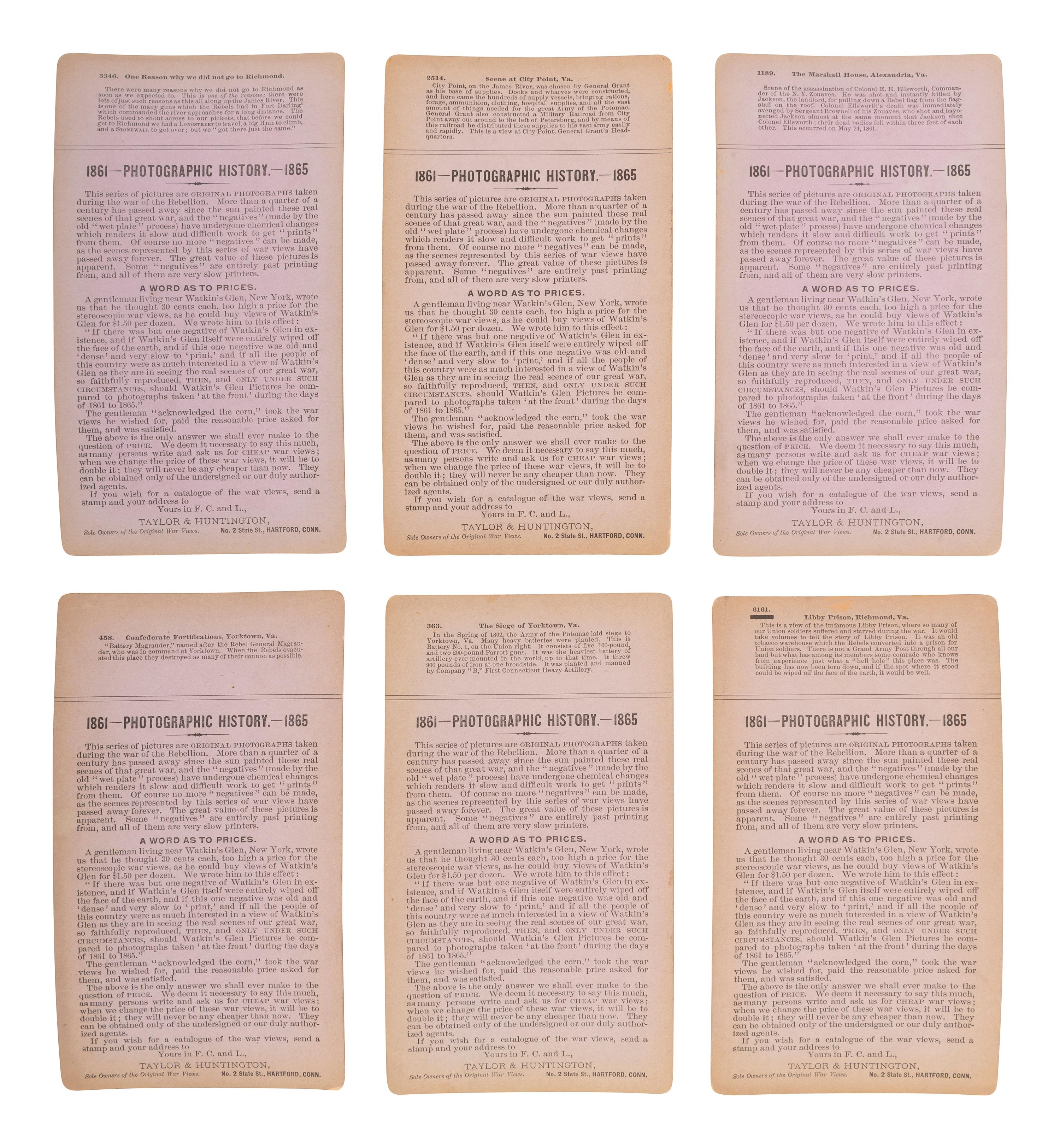 [CIVIL WAR]. A group of 24 stereoviews featuring scenes around Virginia including artillery, fortifications, Confederate prisons, and other subjects. Hartford, CT: Taylor & Huntington, ca 1890s.