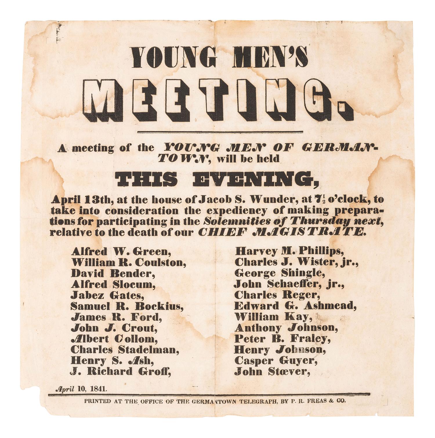 [HARRISON, William Henry (1773-1841)]. Funeral broadside. [Germantown]: Germantown Telegraph, P.R. Freas & Co., 10 April 1841.