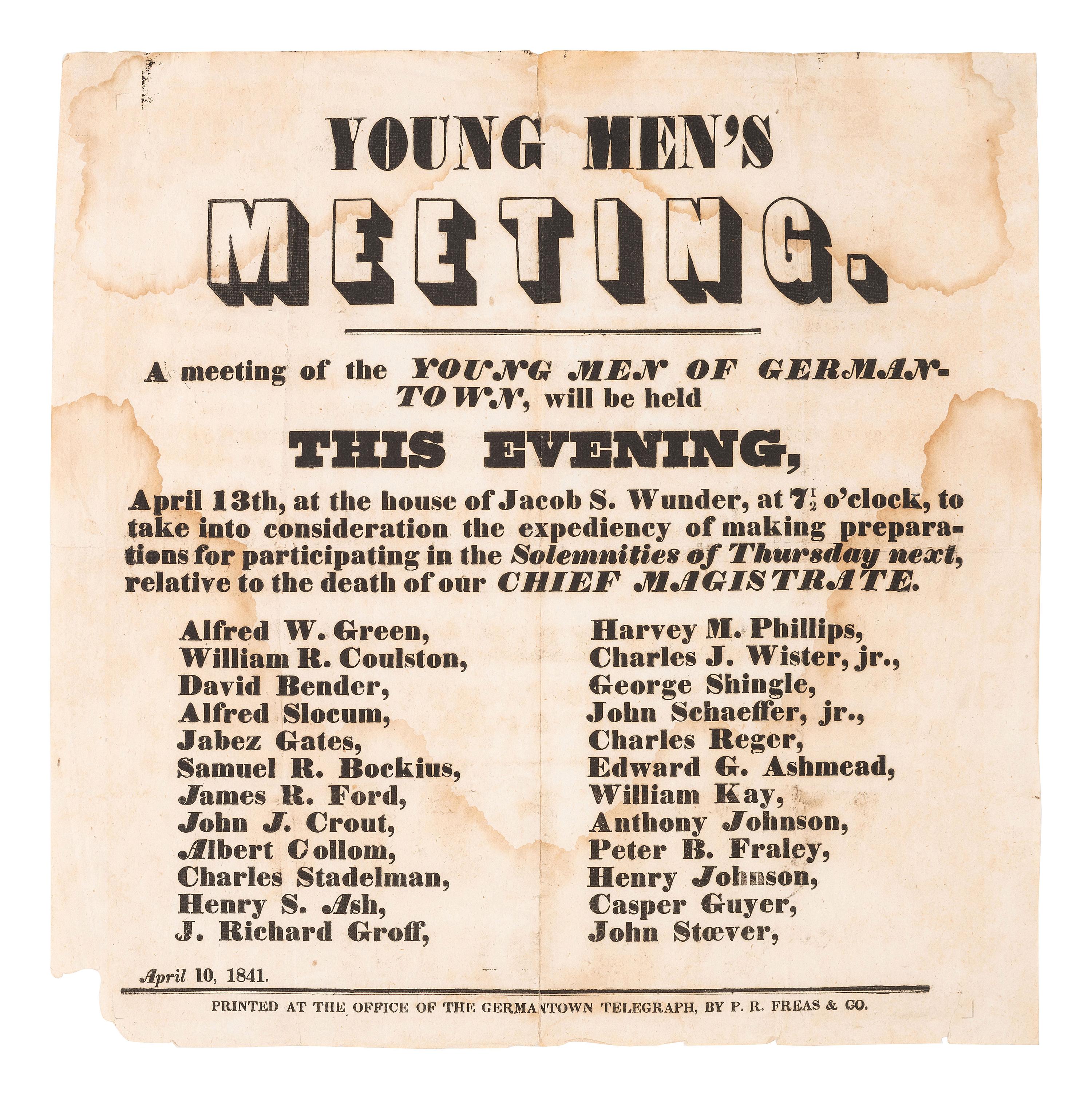 [HARRISON, William Henry (1773-1841)]. Funeral broadside. [Germantown]: Germantown Telegraph, P.R. Freas & Co., 10 April 1841.