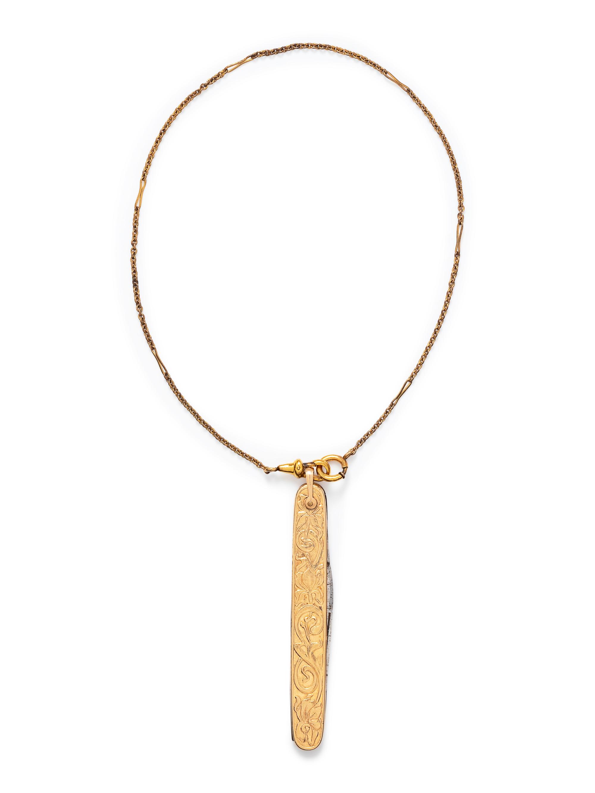 An Art Nouveau Gold Filled and Metal Pocket Knife on Chain,