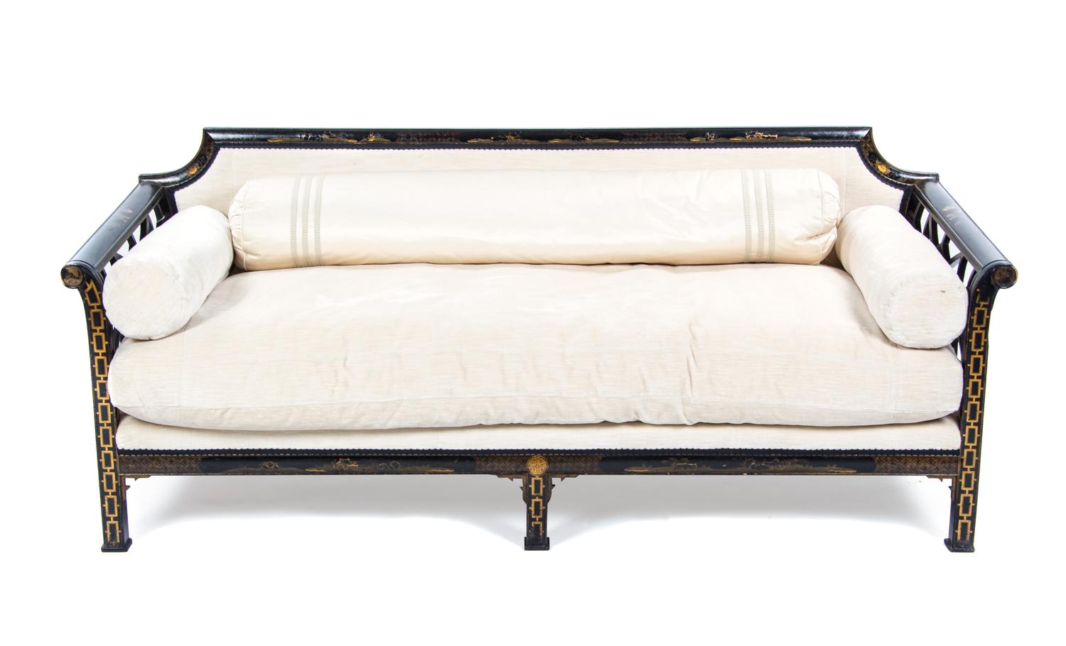 An English Chinoiserie Lacquered Sofa, Width 73 inches.