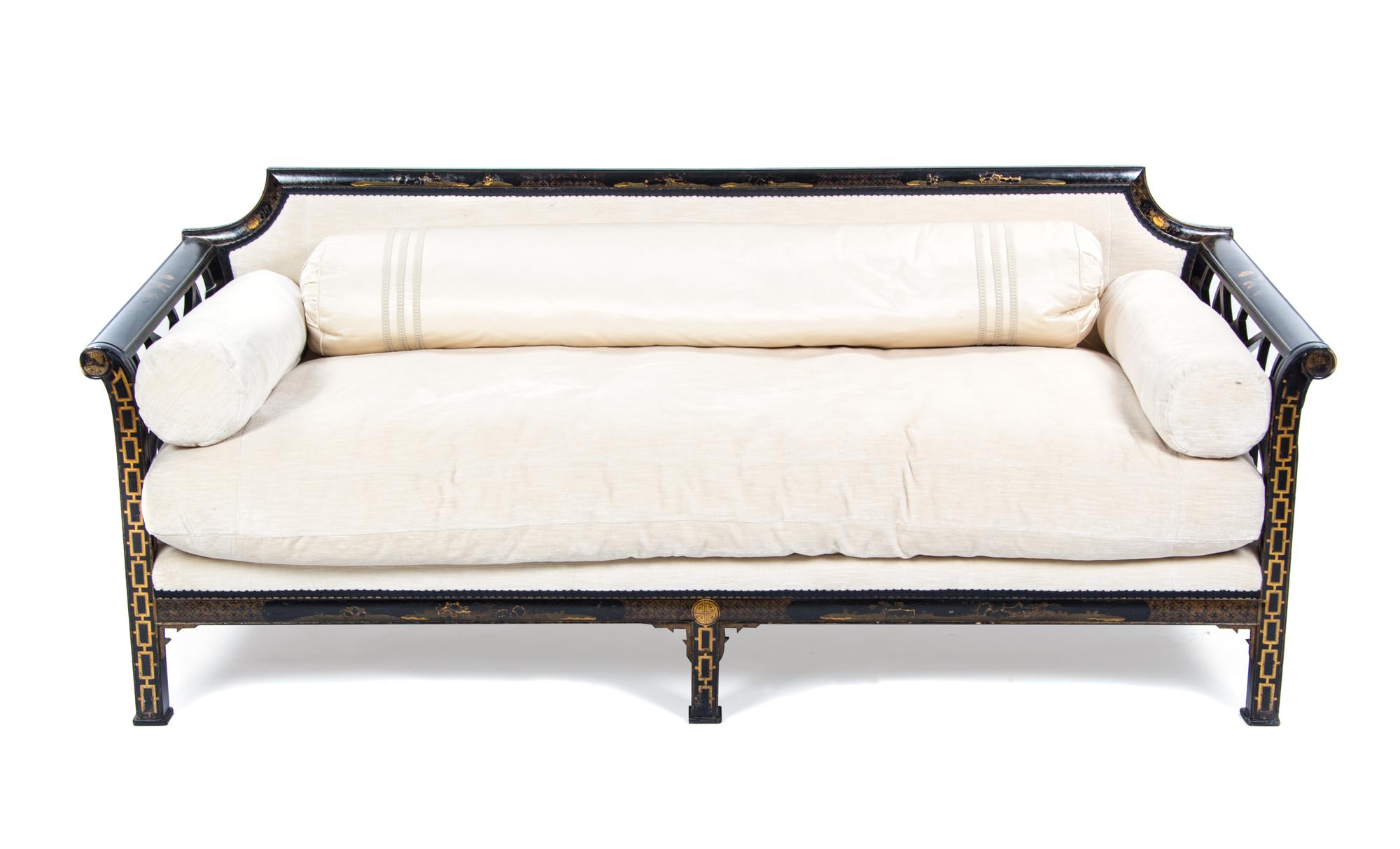 An English Chinoiserie Lacquered Sofa, Width 73 inches.