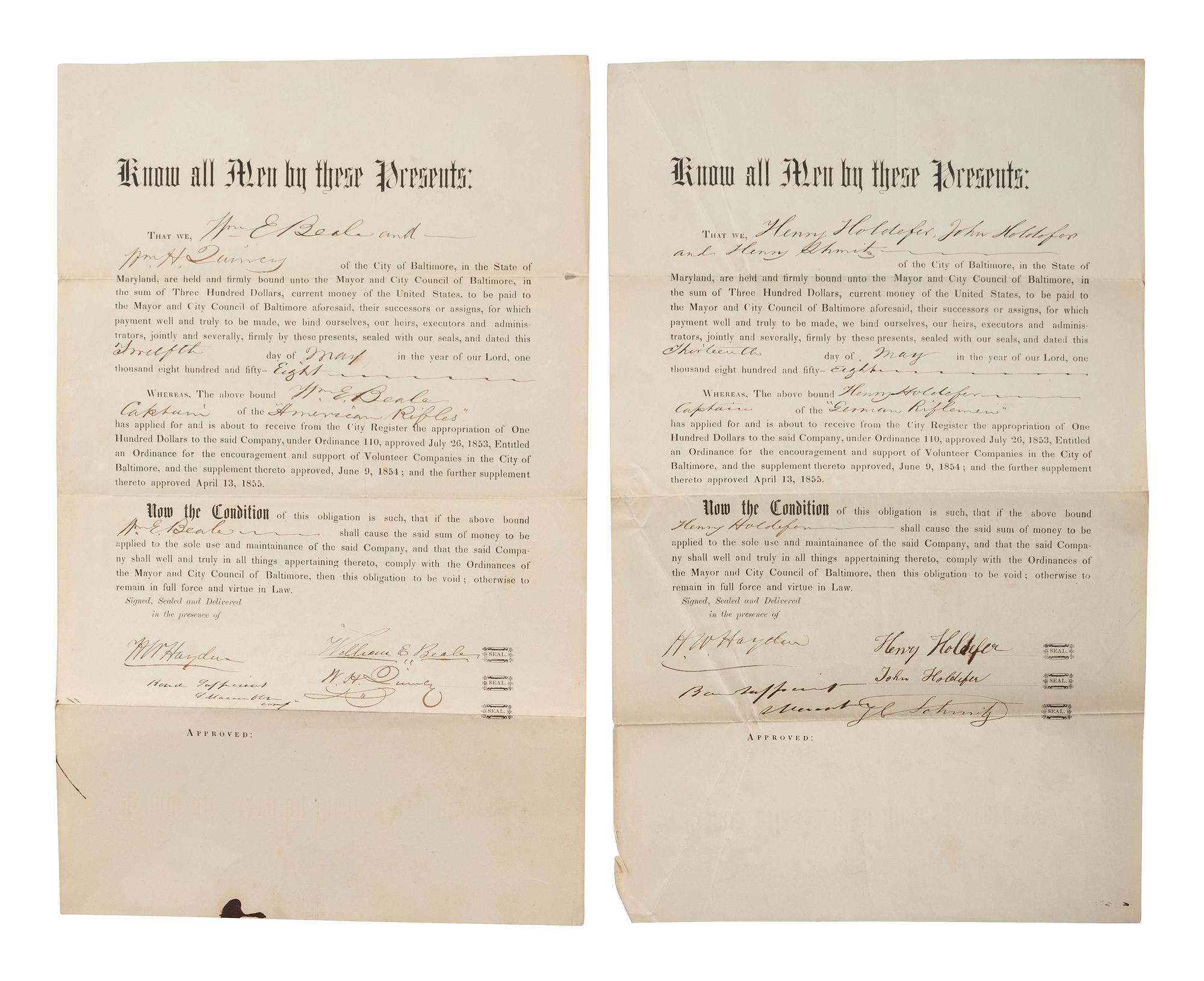 [CIVIL WAR-MARYLAND]. Applications for support & pre-war bonds of appropriations for miltias.