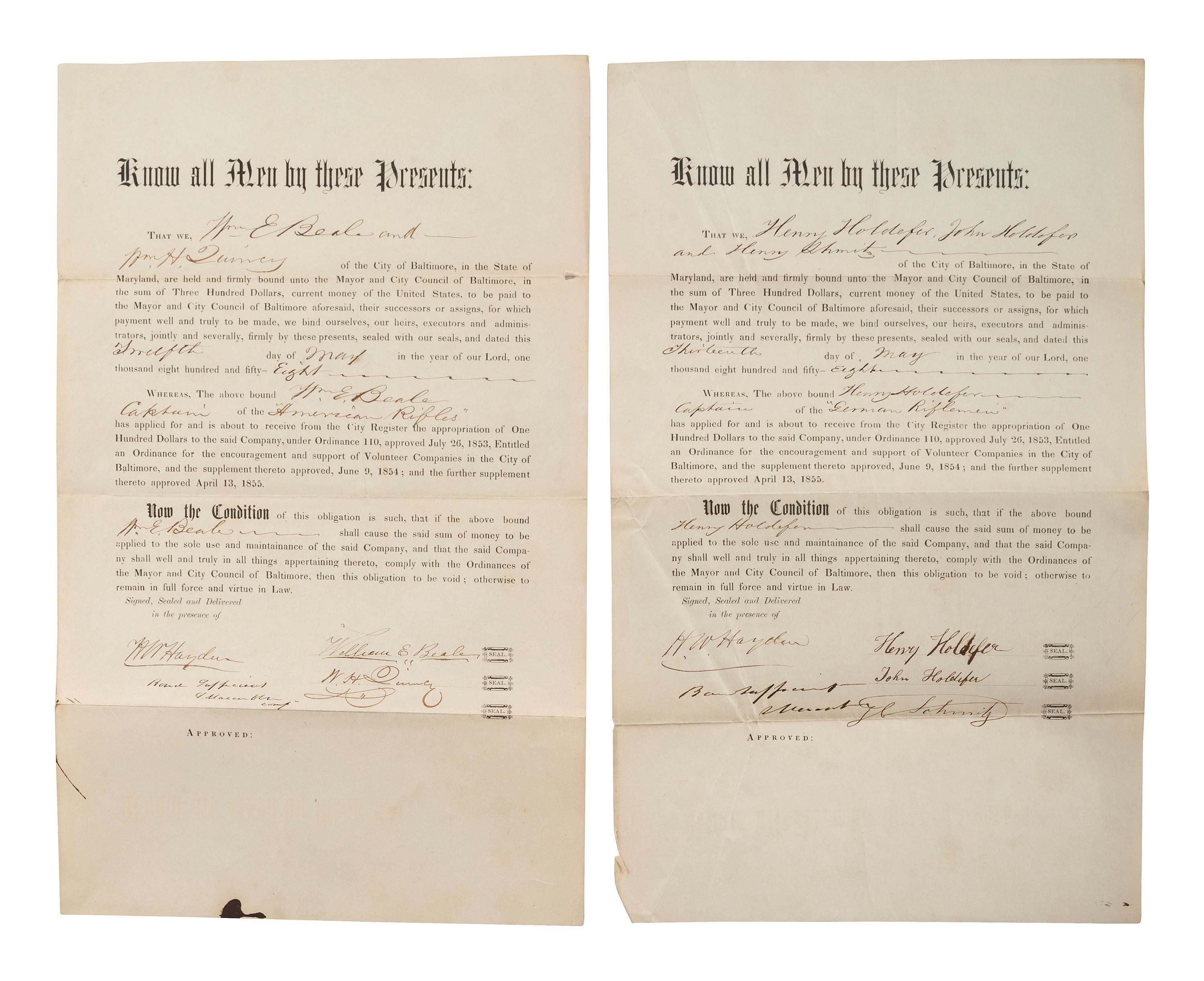 [CIVIL WAR-MARYLAND]. Applications for support & pre-war bonds of appropriations for miltias.