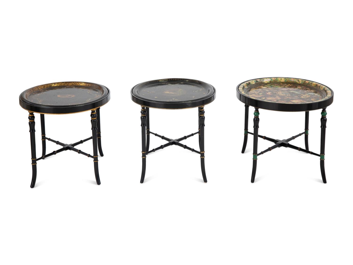 Three English Papier Mache Oval Serving Trays on Ebonized Stands