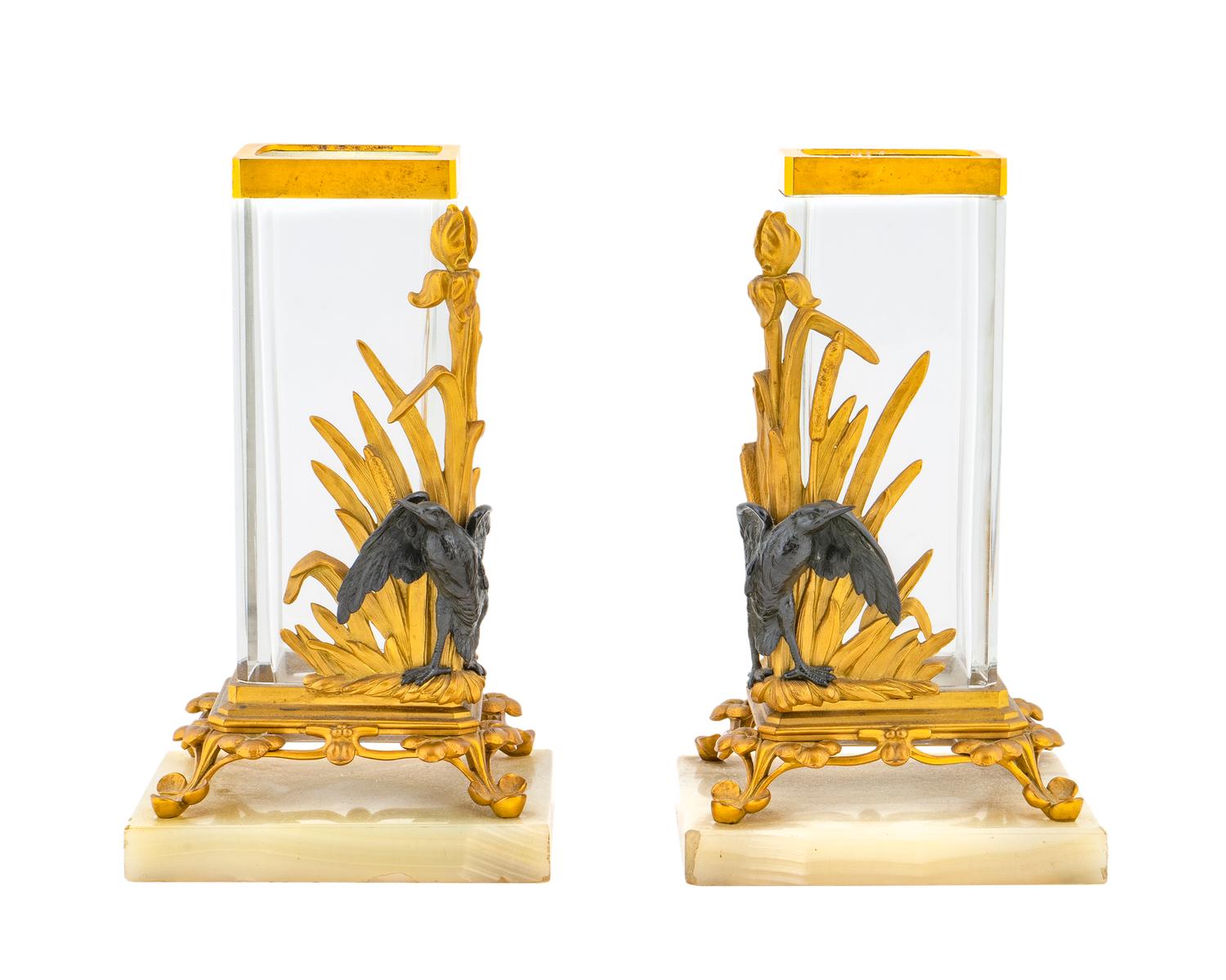 A Pair of Parcel-Gilt and Patinated Bronze and Glass Vases — LATE 19TH CENTURY