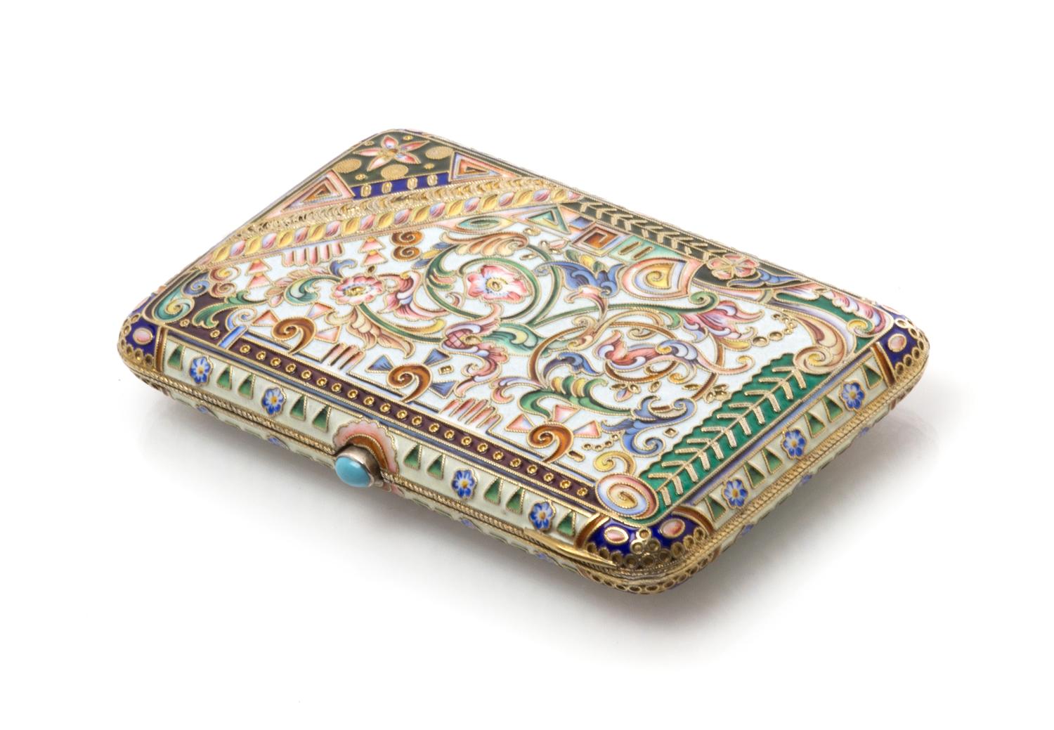 A Russian Enameled Silver Cigarette Case, Maker's mark Cyrillic IZh, Moscow, late 19th/early 20th century, the case worked with floral